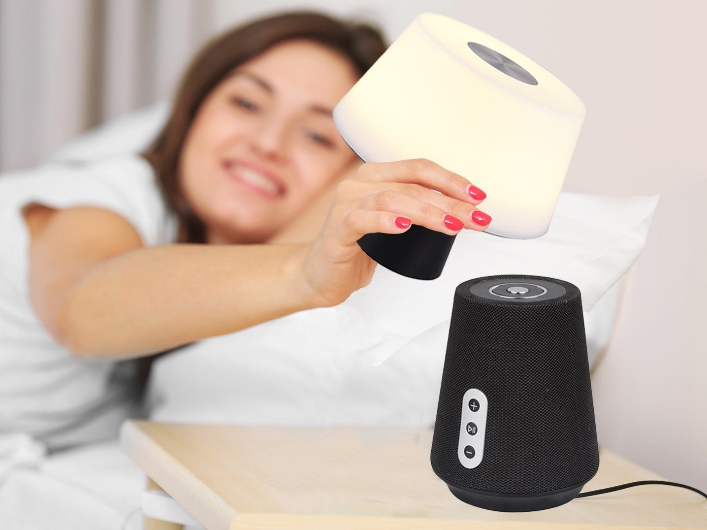 meineWunschleuchte LED Tischleuchte mit Bluetooth Lautsprecher, Höhe 28cm, Bluetooth, Dimmfunktion, LED fest integriert, Warmweiß - Tageslichtweiß, mit Lautsprecher Akku Nachttisch-lampe ohne Kabel Nacht-licht