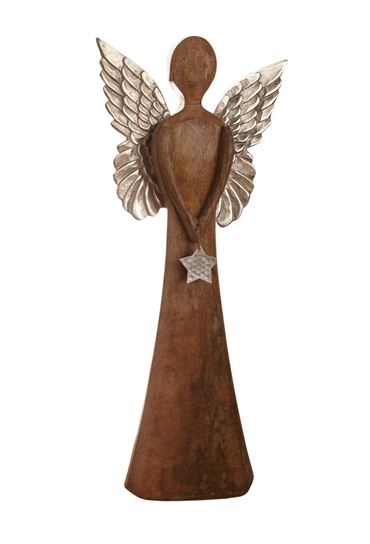 Engelfigur "Silver Star" aus Mangoholz & Metall 62 cm hoch, große Dekofigur Engel