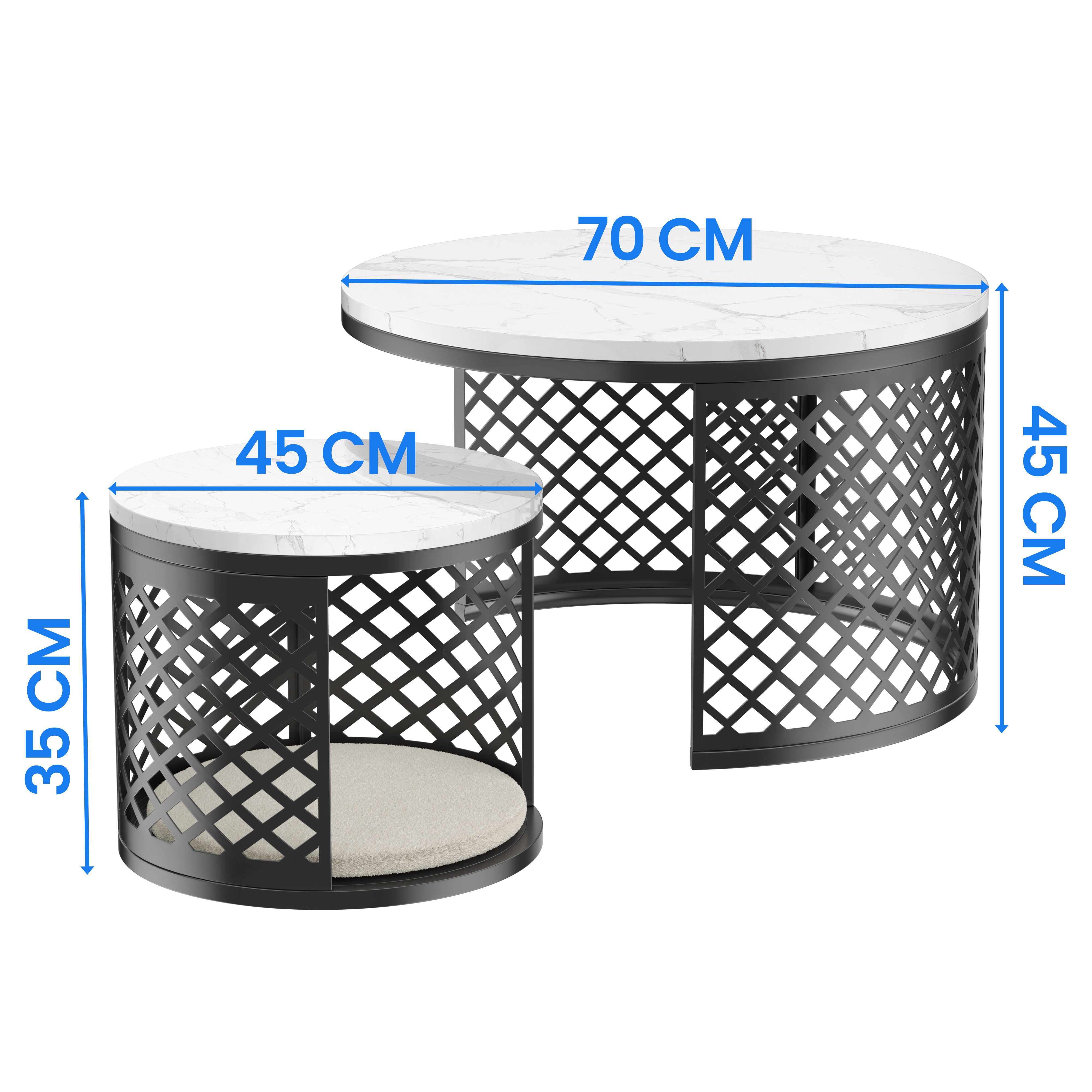 STILVORA Couchtisch Wohnzimmertisch für couch Sofatisch mit Haustierbereich&Haustiermatte (2-teilig, groß+klein, stapelbar, Marmoroptik, Ø70×H45 & Ø45×H35, Tierpolster abnehmbar, 	Hitzebeständig bis 200 °C), für Wohnzimmer, Familien, Haustiere, flexible kleine Räume