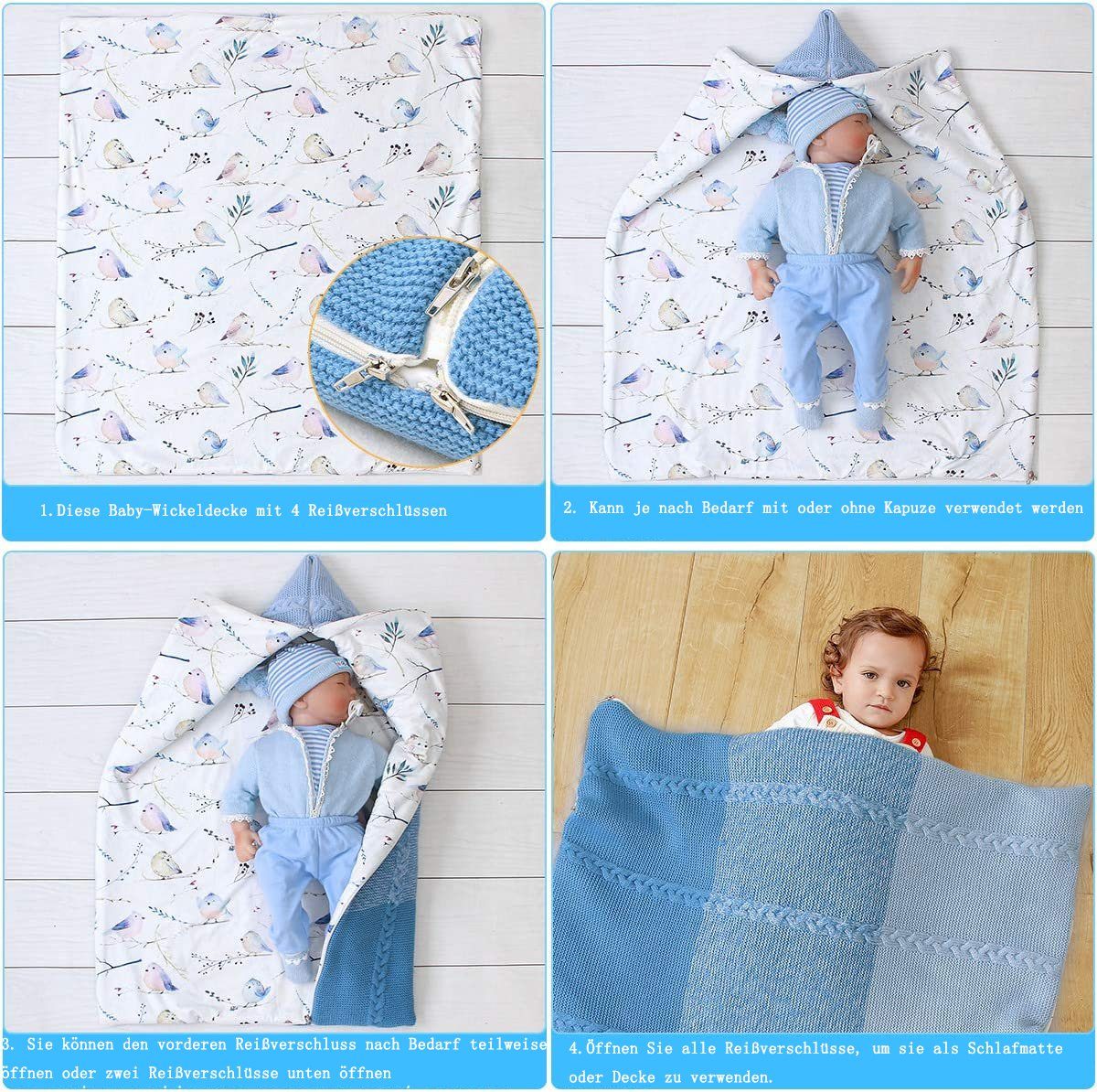 Juoungle Wickeldecke, Decke, Neugeborenen Schlafsack blau Kinderwagen Multifunktional Babydecke