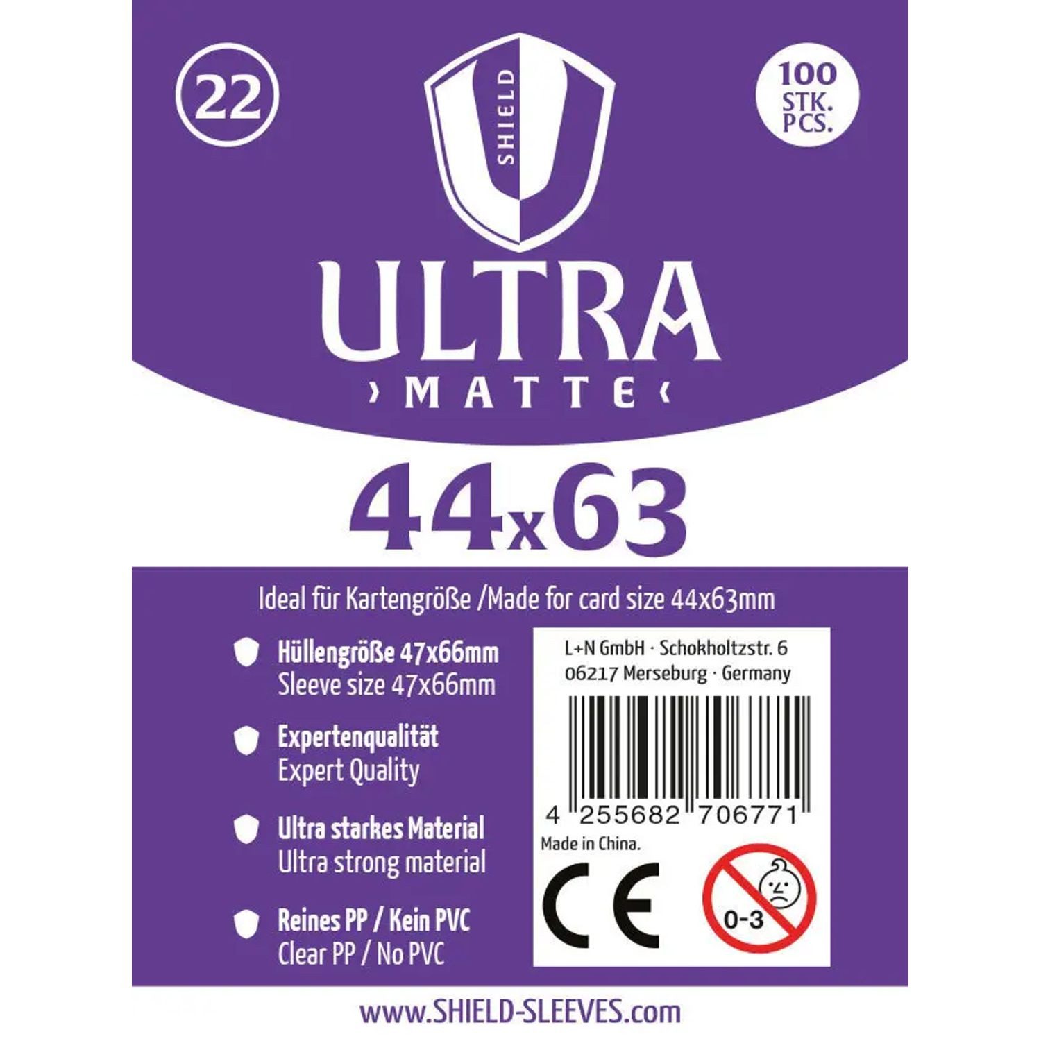 SHIELD Spiel Shield Ultra Matte 22 - 100 Super Sleeves für Kartengröße 44x63 mm