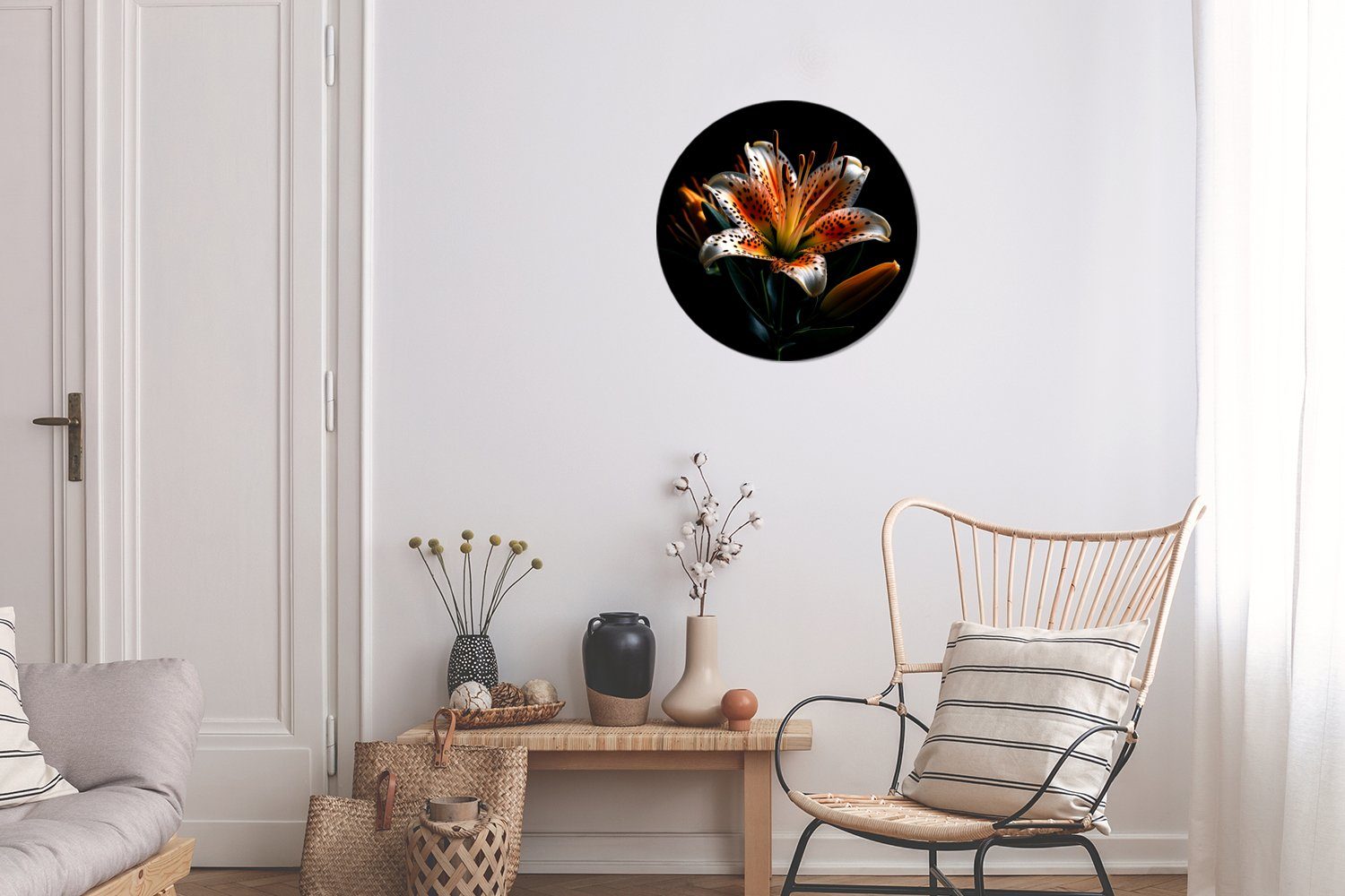 Kreis Wandbild, Lilie Porträt Gemälde Wanddekoration 30x30 - - MuchoWow St), Orange Wohnzimmer, Rundes - cm (1 - Schwarz, Forex, Blumen