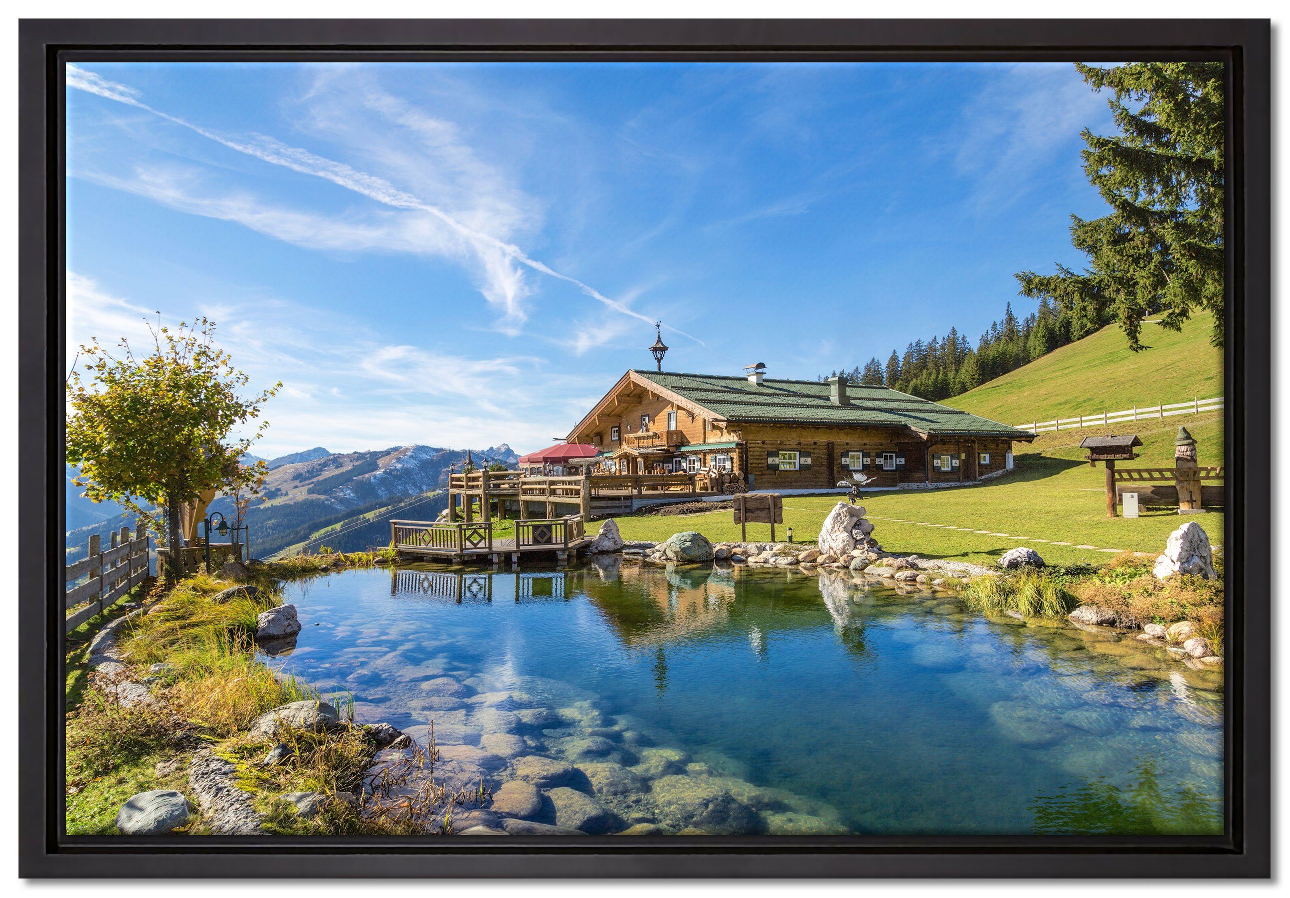 Pixxprint Leinwandbild Schönes Haus in den Alpen, Wanddekoration (1 St), Leinwandbild fertig bespannt, in einem Schattenfugen-Bilderrahmen gefasst, inkl. Zackenaufhänger