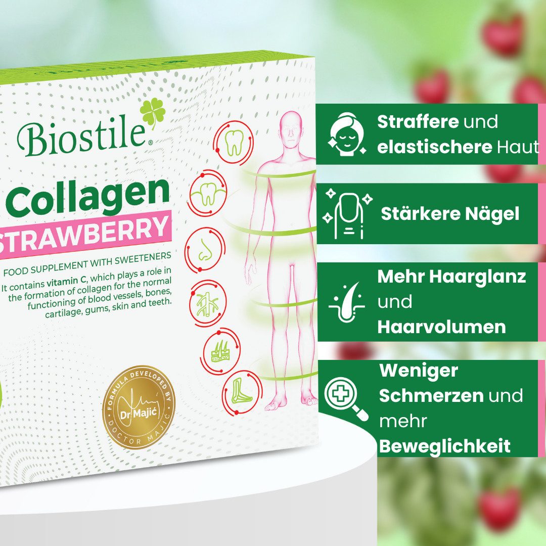 Biostile Kollagen Pulver Erdbeere mit 5 Kollagenquellen für Haut Haare Nägel - Kollagenpulver, 300 g, Mit Vitamin C, Curcumin und Shilajit, Erdbeergeschmack, 30 Beutel