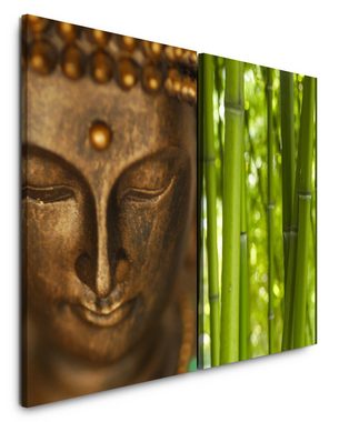 Sinus Art Leinwandbild 2 Bilder je 60x90cm Asien Buddhakopf Bronze Statue Bambus Harmonisch Meditation positive Energie