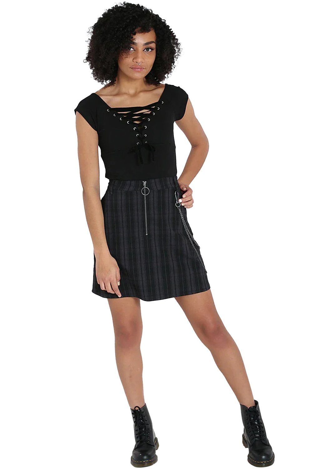 Hell Bunny A-Linien-Rock Storm Minirock Abnehmbare Kette Punk Kariert Schwa günstig online kaufen
