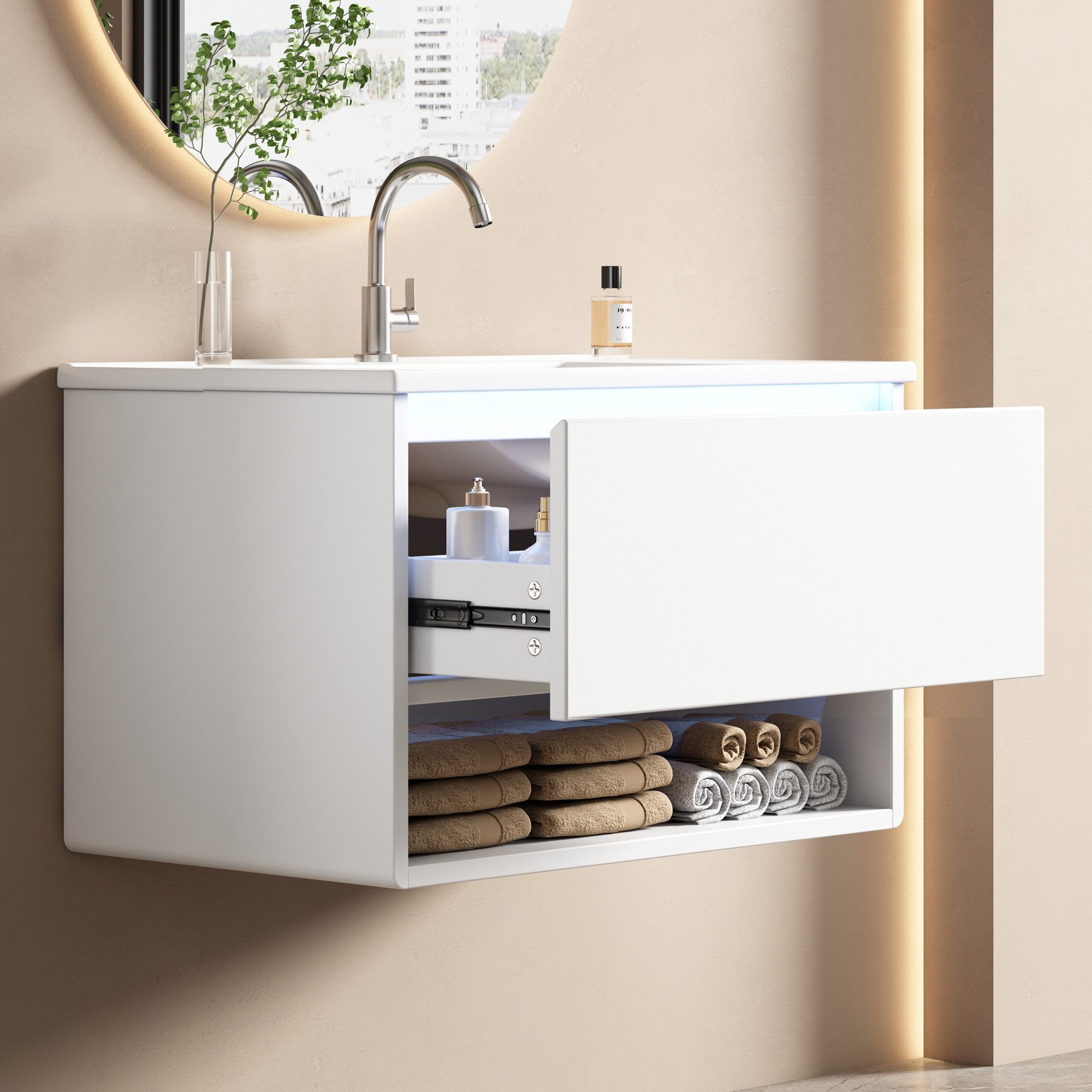 Flieks Waschtisch mit LED-Radarsensor Waschbeckenunterschrank inkl. Waschbecken (B76,5/T46/H45 cm, Volllackierung, 1-St., wandhängend, Badschrank mit Led-Beleuchtung Waschplatz Badzimmer), Badmöbel-Set mit Schubladen und Fächer Badezimmerschrank Weiß