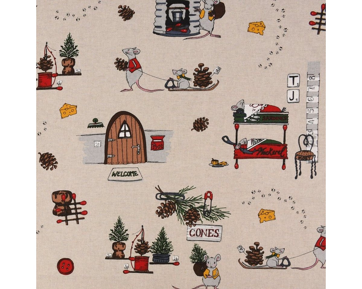 Thumbnail - Stoff Dekostoff Weihnachtsmäuse Welcome Home natur rot grün 1,40m