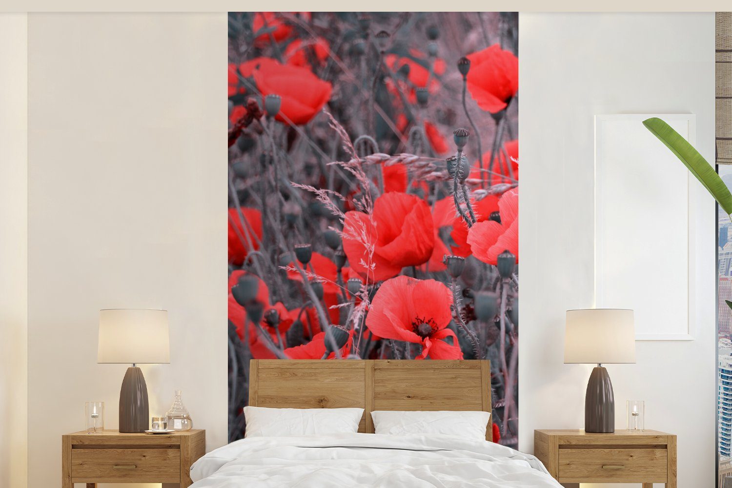 MuchoWow Fototapete Rote Mohnblumen in einem Schwarz-Weiß-Bild, Matt, bedruckt, (2 St), Vliestapete für Wohnzimmer Schlafzimmer Küche, Fototapete