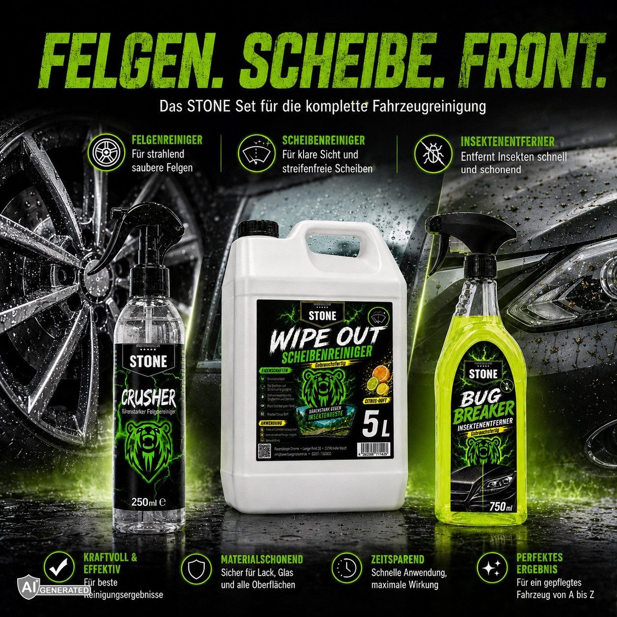 STONE Reinigungs-Set Auto Pflegeset Crusher Wipe Out & Bug Breaker, (AKTIONSPREIS, 3-St., 3-teiliges Autopflege-Set), 250ml Felgenreiniger + 5L Scheibenreiniger + 750ml Insektenentferner