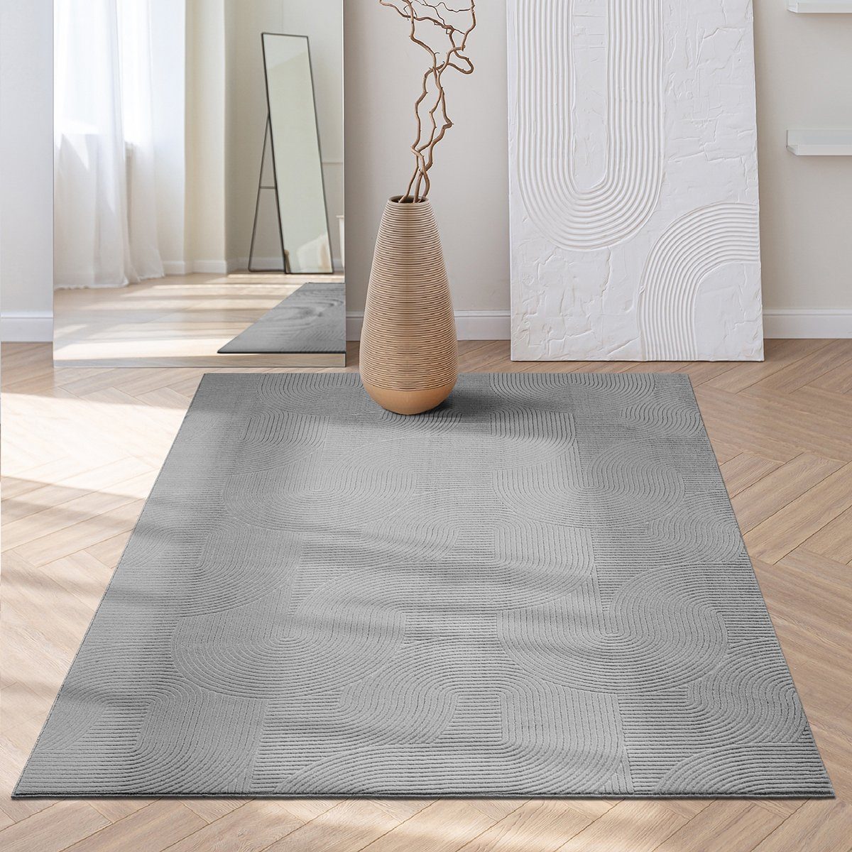 Teppich Rio - moderner und weicher Teppich, the carpet, rechteckig, Höhe: 16 mm, Anti-Rutsch, 3D-Optik, flauschiger Flor, pflegeleicht und robust Grau