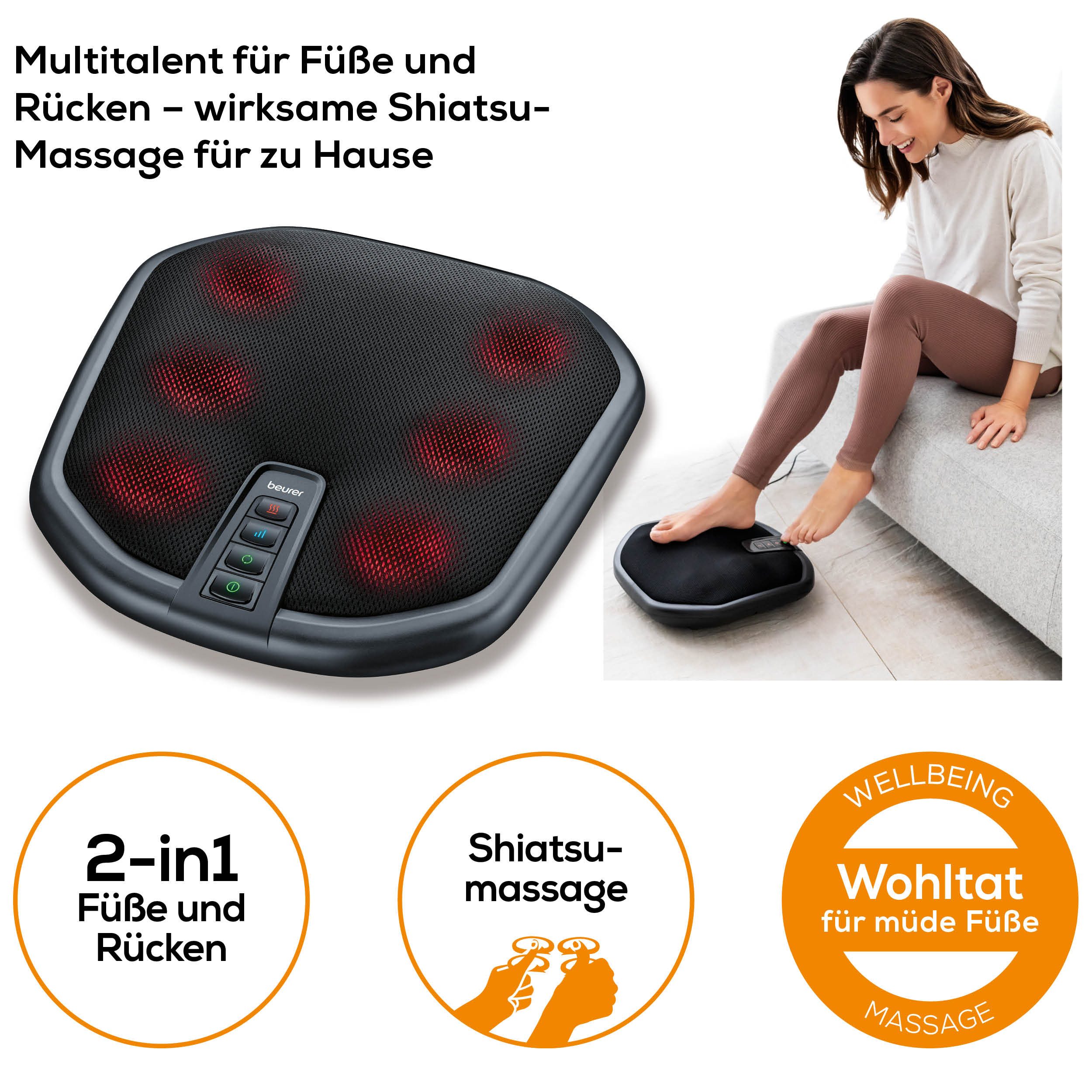 BEURER Fußmassagegerät FM 70 mit 2-in-1 Funktion: Fuß- und Rückenmassage, mit Wärmefunktion, 3 Intensitätsstufen, Shiatsu-Massage, waschbarer Bezug