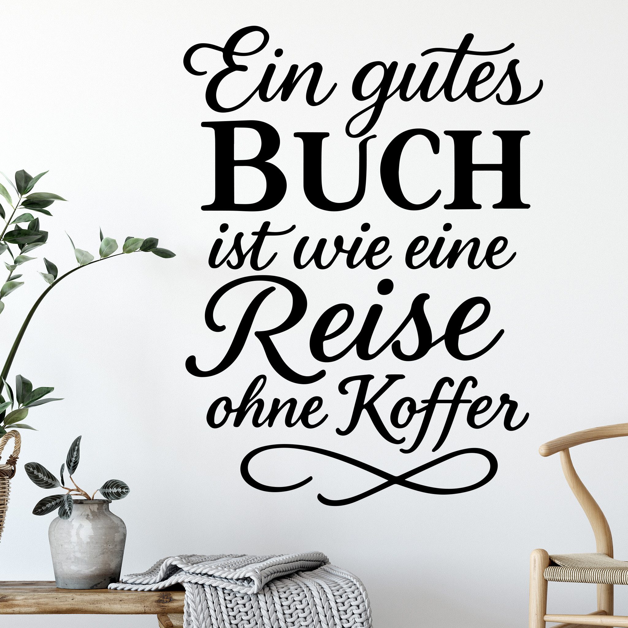 Sunnywall Wandspruch Wandtattoo Spruch – Ein gutes Buch ist wie eine Reise ohne Koffer, selbstklebend, konturgeschnitten, rückstandslos entfernbar