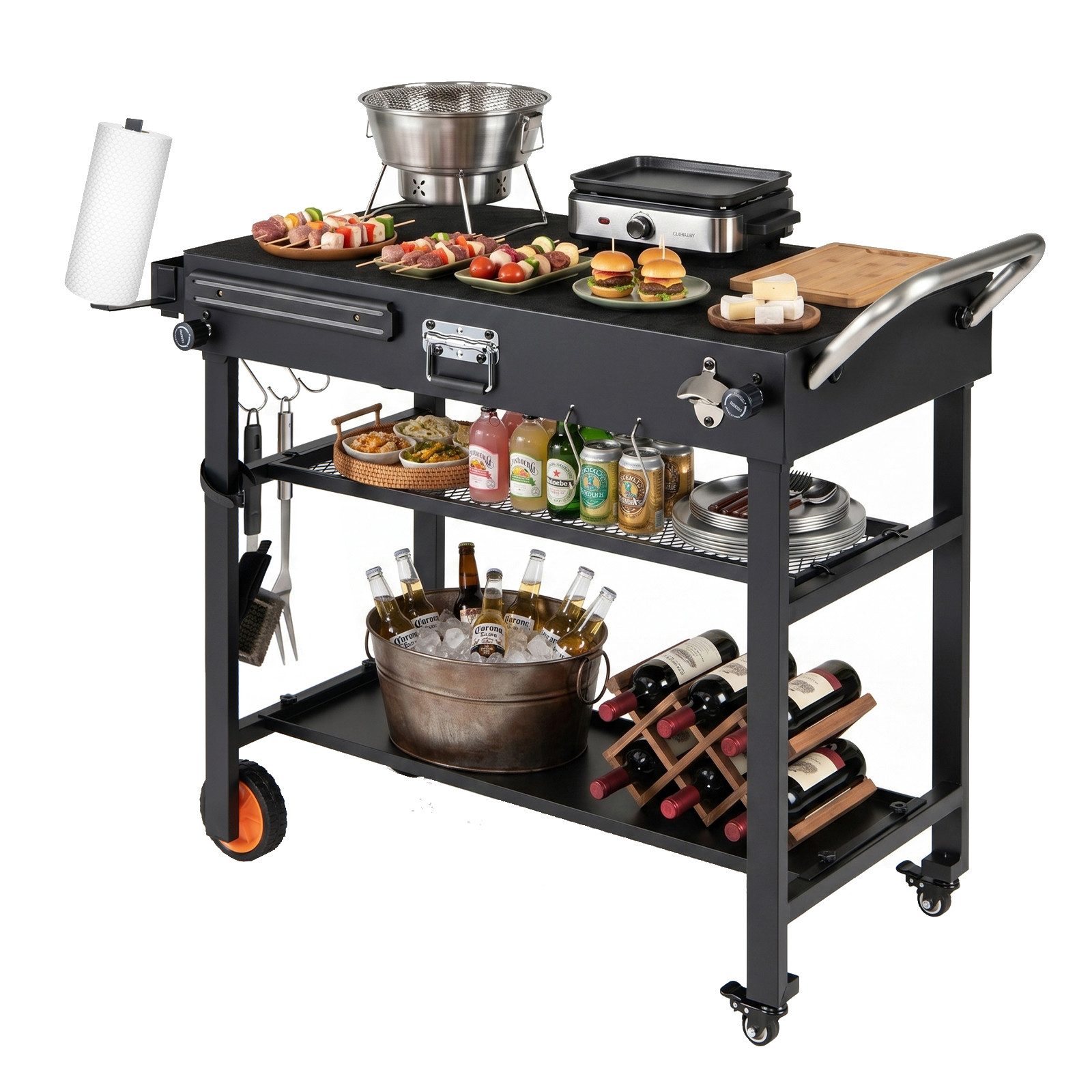 COSTWAY Grillablagetisch, Klappbarer Grillwagen mit 3 Ebenen, Unterlage & Haken