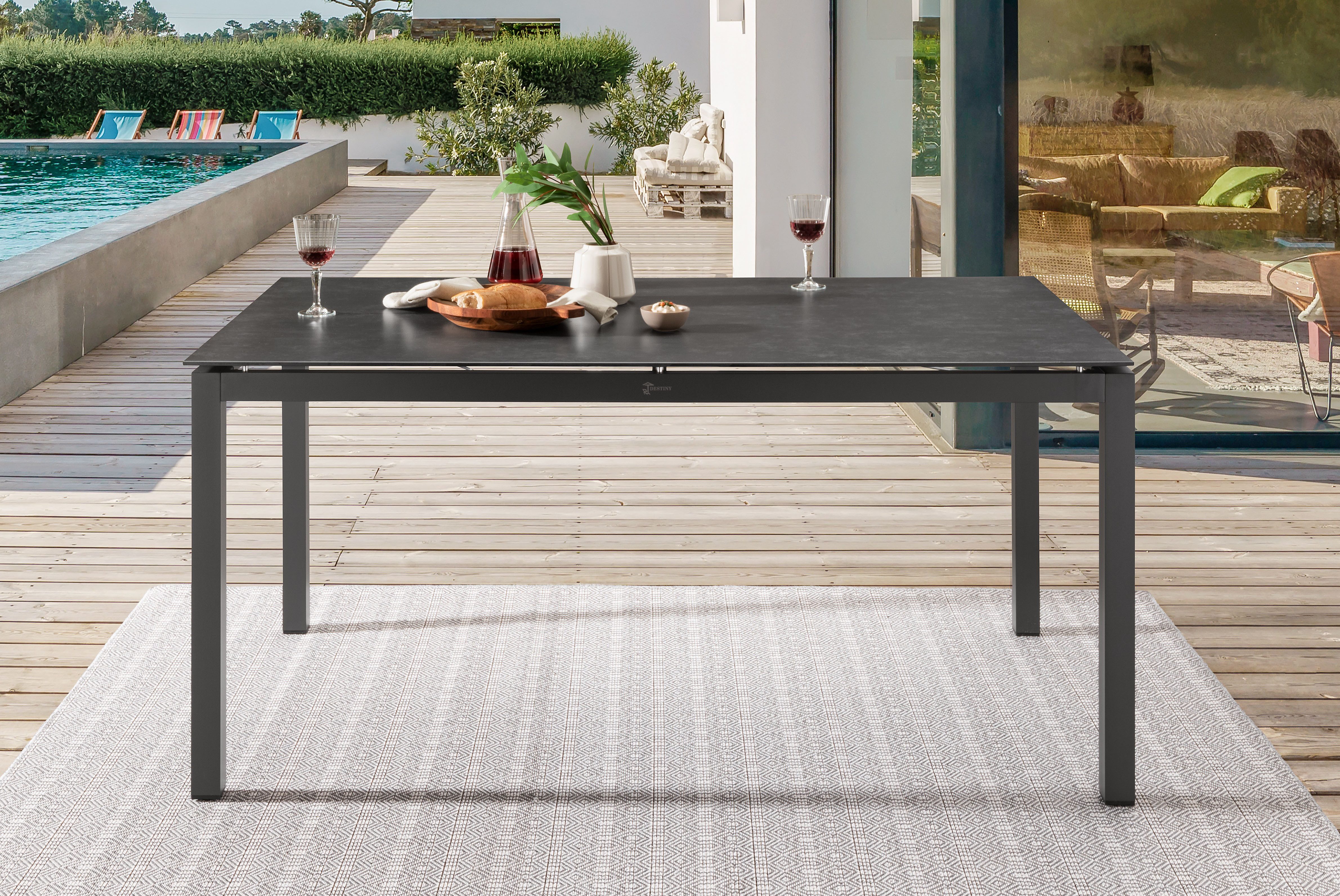 Destiny Garten-Essgruppe TORNO CREMONA 4 Se + Tisch 160x90cm, (Set, 5-tlg., 4 Stapelsessel inkl. Sitzkissen, 1 Tisch), Alumium, Rope, Tischplatte: Glas mit Keramiküberzug