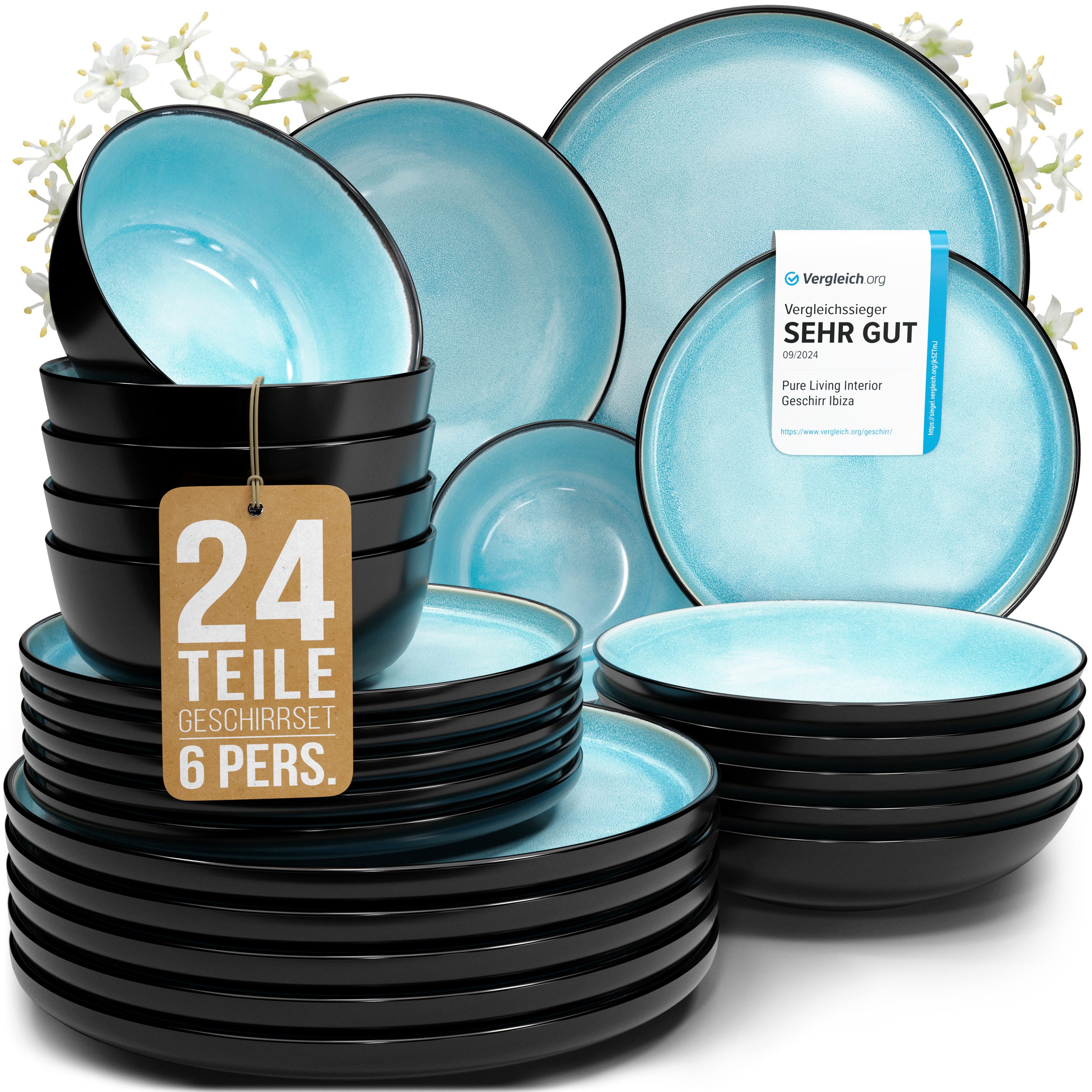 PURE LIVING INTERIOR DESIGN Geschirr-Set Ibiza aus Steingut, 24-tlg., für 6 Personen, Aquamarin (24-tlg), 6 Personen, Steingut