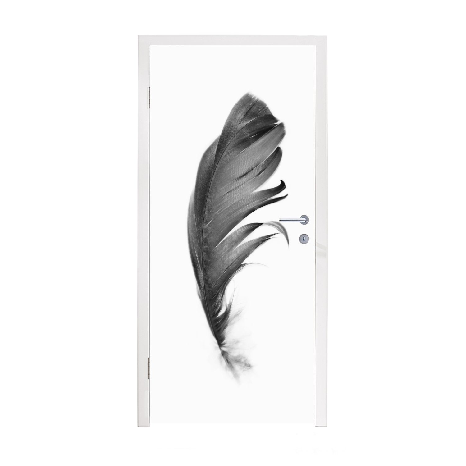MuchoWow Türtapete Feder - Schwarz - Weiß - Natur, Matt, bedruckt, (1 St), Selbstklebende Tapete, Folie für Möbel, 75x205 cm