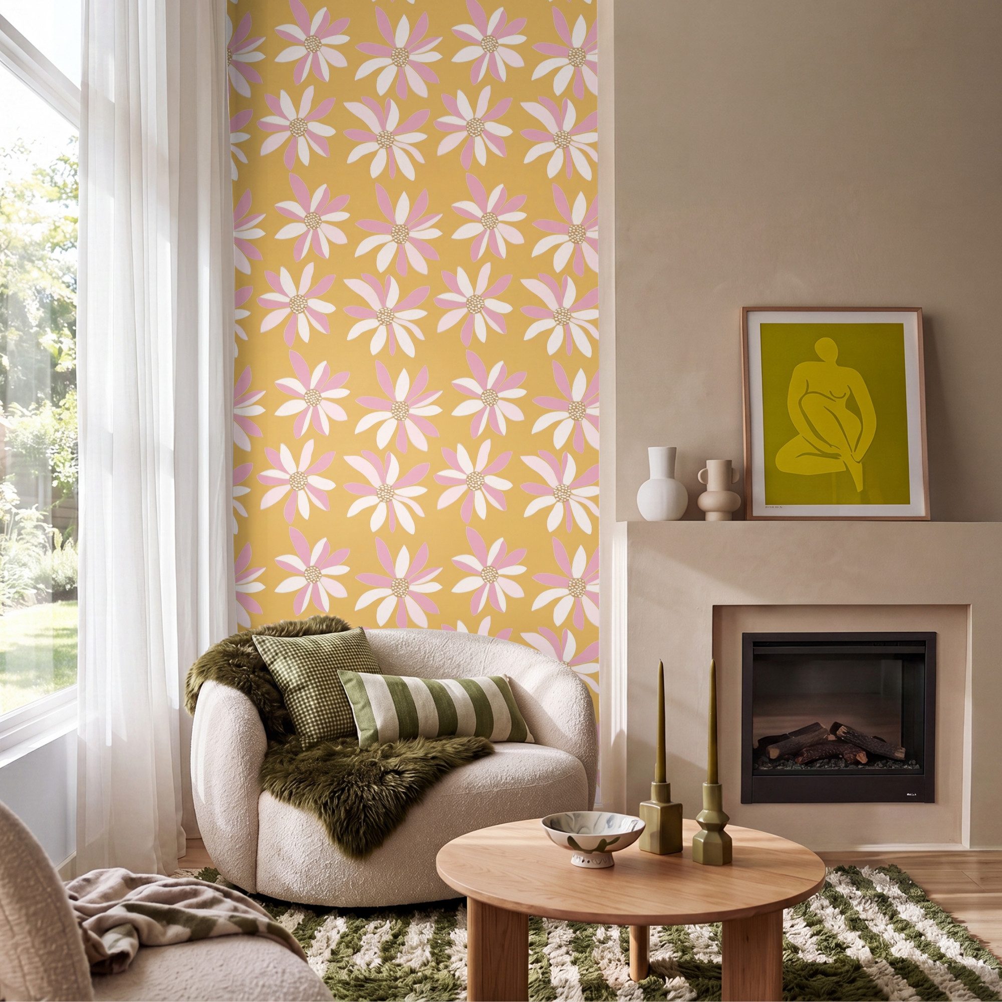 OnlyWow Fototapete Blumen - Modern - Gelb, Matt, bedruckt, Wandtapete, Schlafzimmer, Wanddekoration 100x220cm