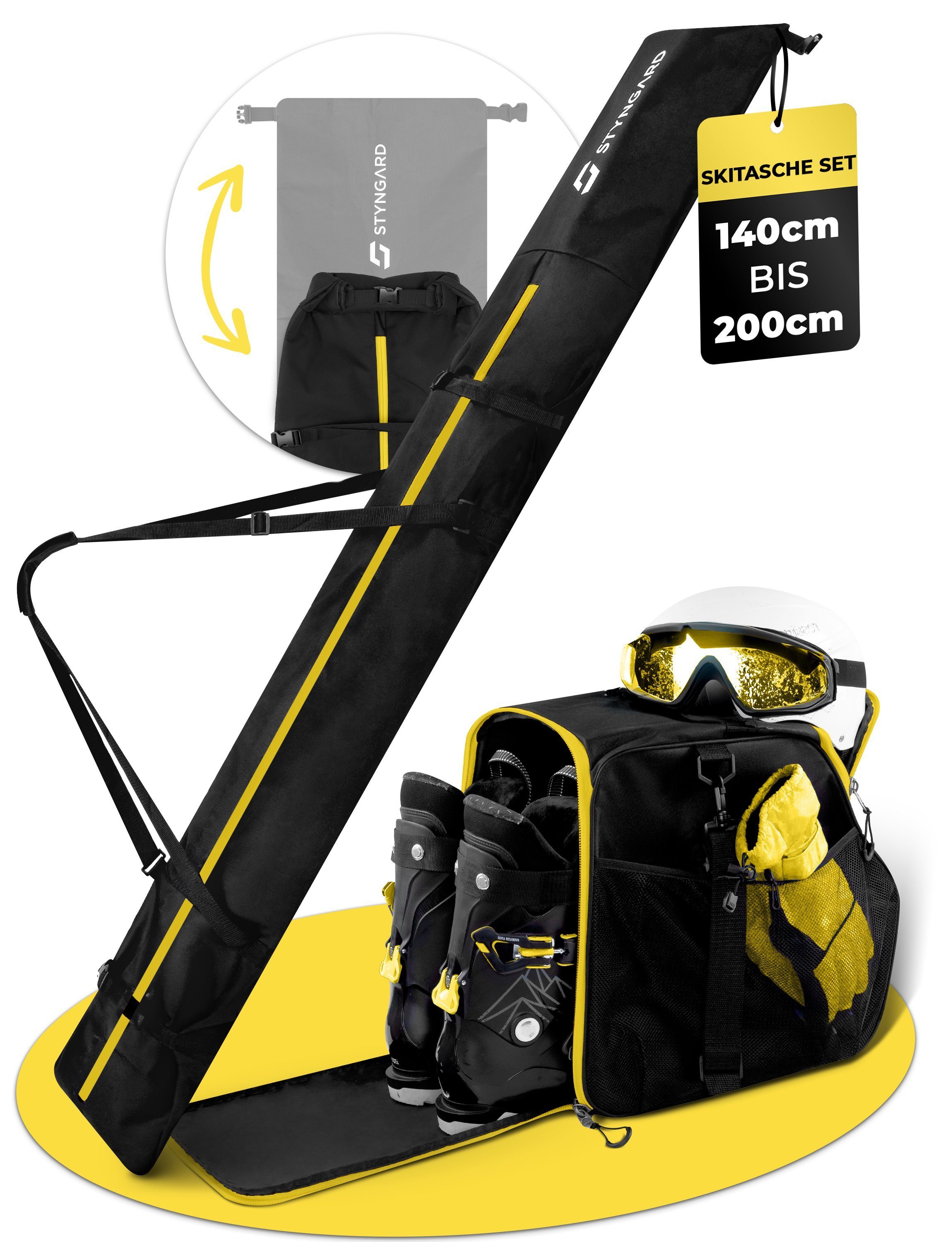 Styngard Skitasche Vancouver (Set Skisack [140 cm bis 200 cm] und Skischuhtasche mit Helmfach [40 L) Schwarz-Gelb