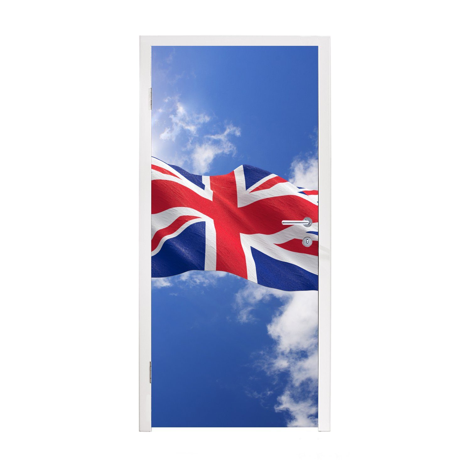 MuchoWow Türtapete Die Flagge des Vereinigten Königreichs weht am Himmel, Matt, bedruckt, (1 St), Fototapete für Tür, Türaufkleber, 75x205 cm