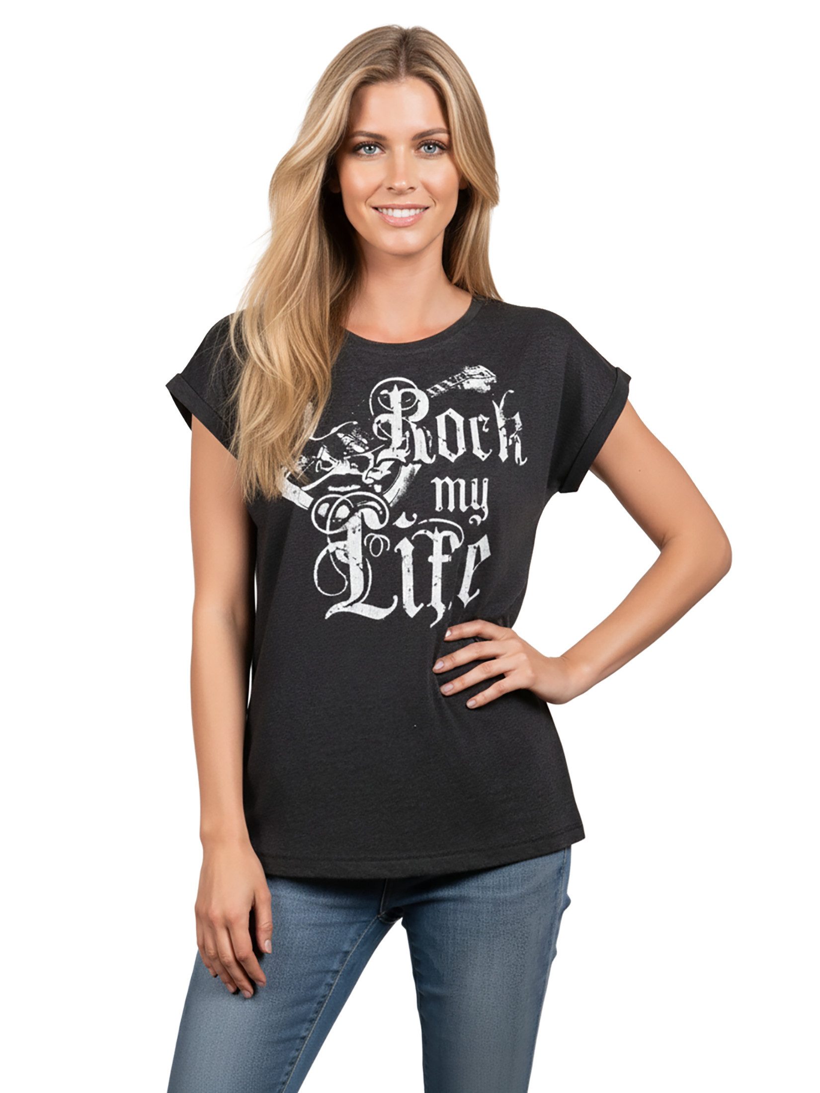 MAKAYA Print-Shirt Ausgefallene T-Shirts Damen lässige Oberteile Top Gitarrenmotiv Tunika (Rock Band Motiv, schwarz, grau, rosa, blau) große Größen