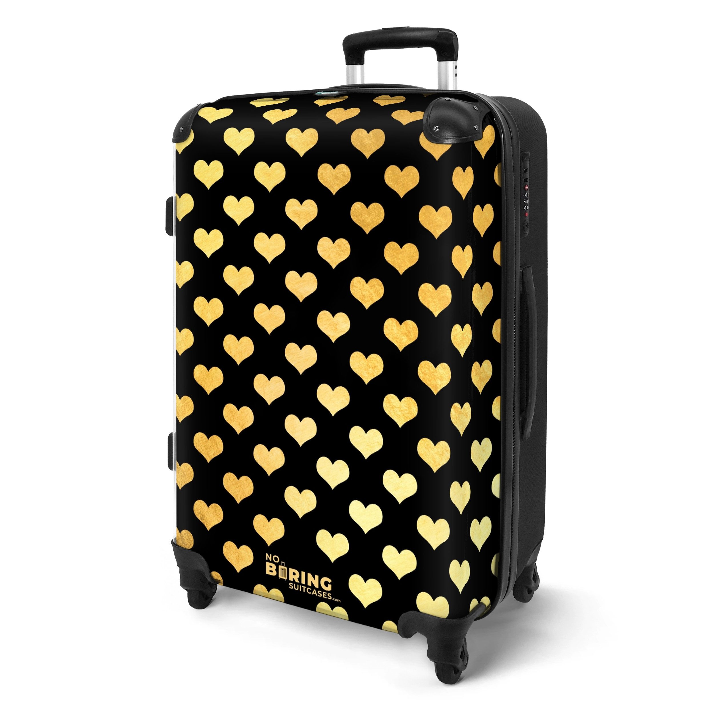 NoBoringSuitcases.com© Hartschalen-Trolley Goldene Herzen auf schwarzem günstig online kaufen