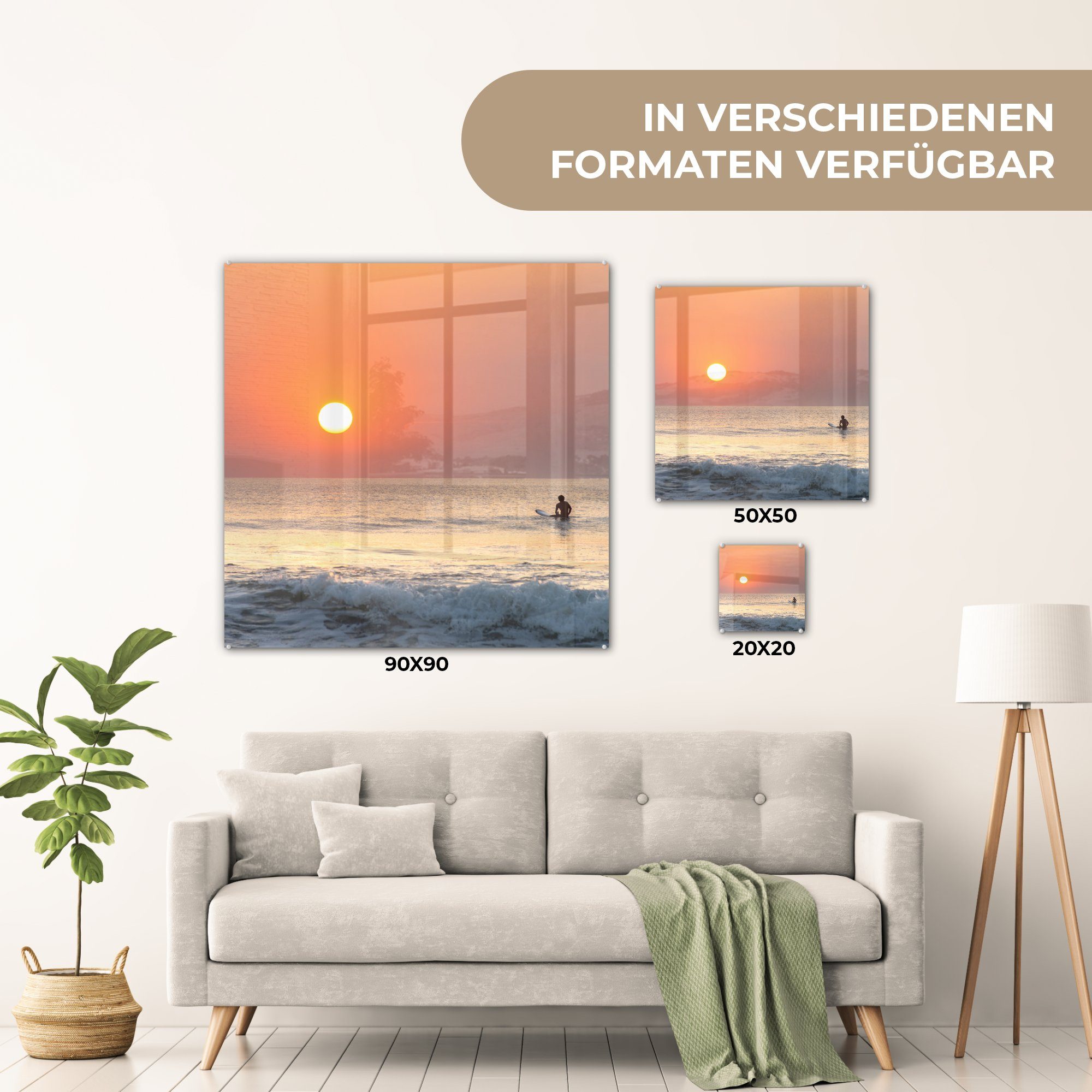 Sonne, Surfen Meer Glas auf Bilder - Wanddekoration auf - (1 St), - - Glas - Acrylglasbild Wandbild Foto Glasbilder MuchoWow