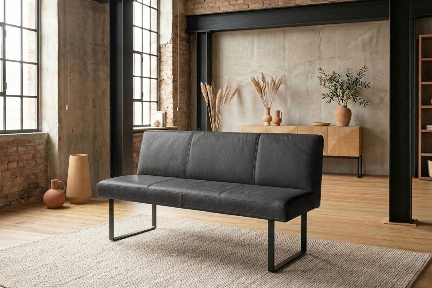 KAWOLA Sitzbank ELEEN Esszimmerbank Leder pigmentiert – modernes Design, 123 cm Breite, hoher Sitzkomfort, Metallgestell schwarz