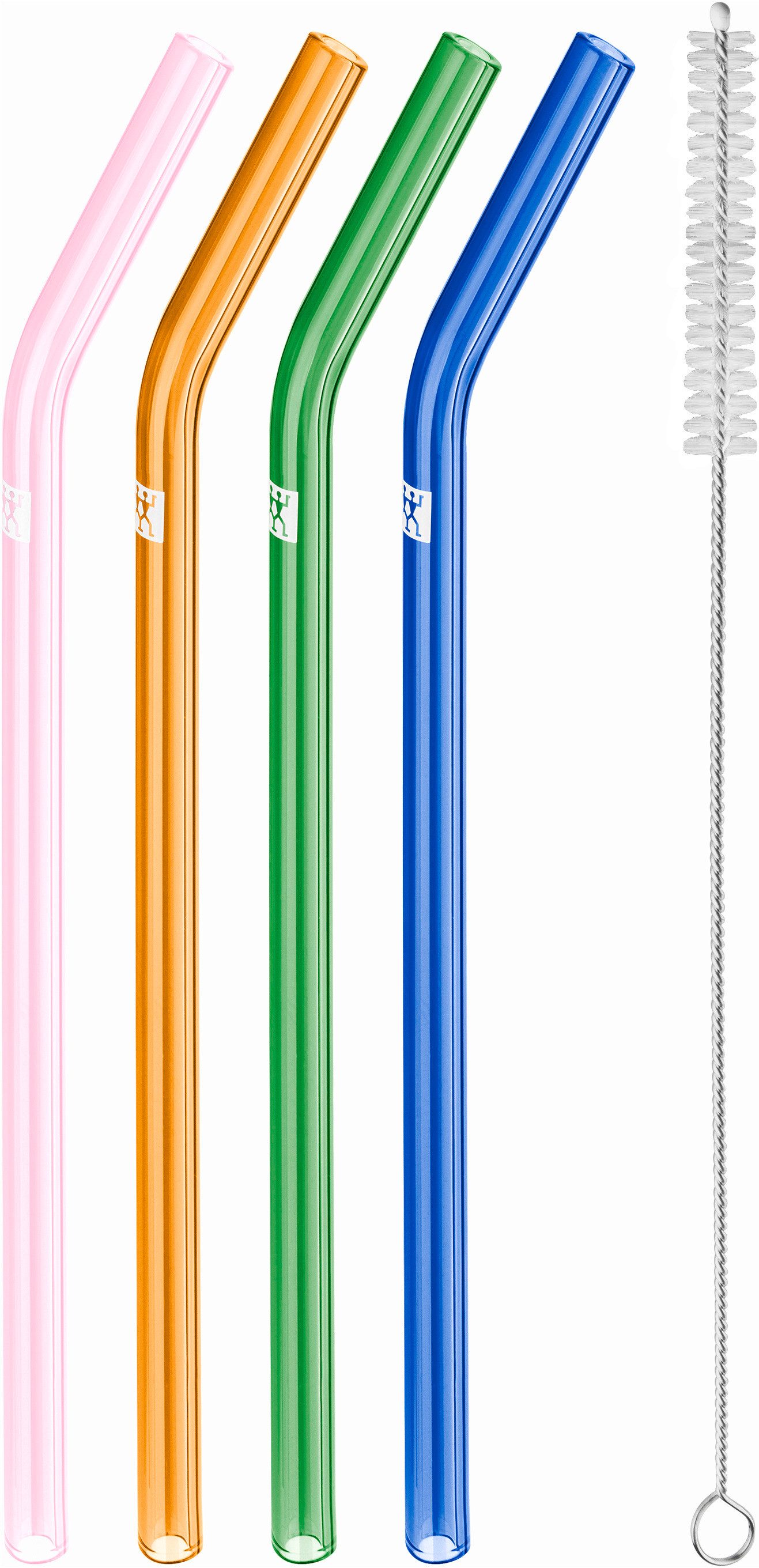 Zwilling Trinkhalme Sorrento, (Set, 5-tlg., 4 Glasstrohhalme und 1 Reinigungsbürste), Vier Glasstrohhalme, Borosilikatglas, gemischte Farben, gebogen