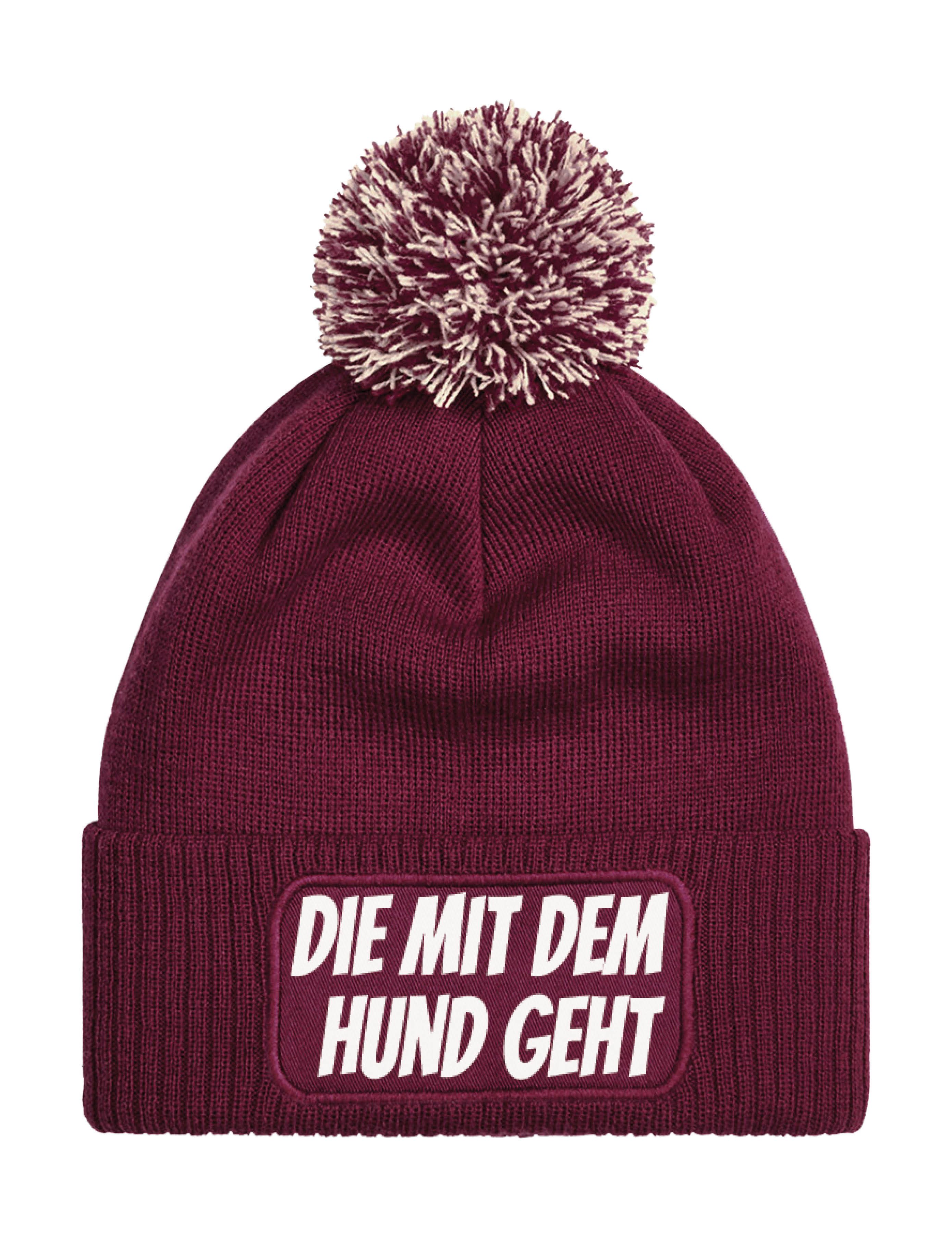 Youth Designz Bommelmütze Damen Strick Bommel Beanie Mütze mit "DIE MIT DEM HUND GEHT" Aufdruck mit lustigem Spruch für Frauen