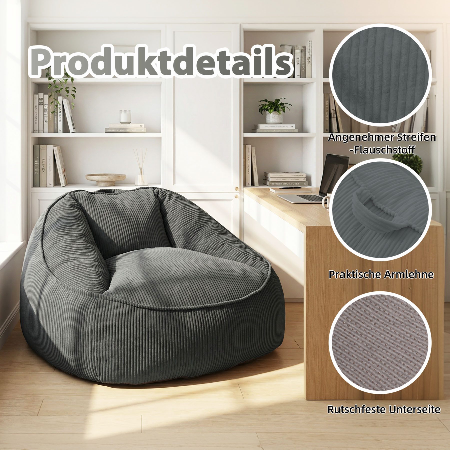 HomeMiYN Sitzsack Weicher Riesen Sitzsack aus Cord – Sessel fürs Wohnzimmer „Birne“ – Bild 2 von 5