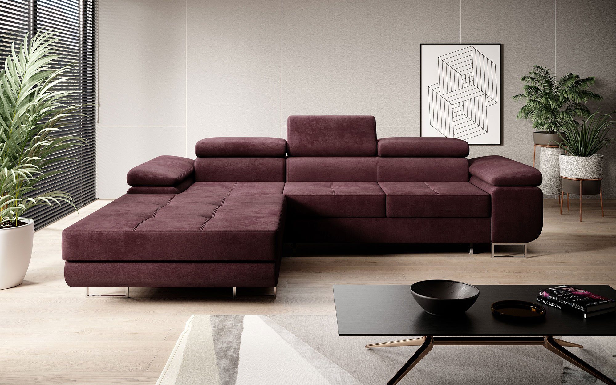 Baidani Sofa Designer Sofa Calvera mit Schlaf- und Klappfunktion, modernes Design Bordeaux