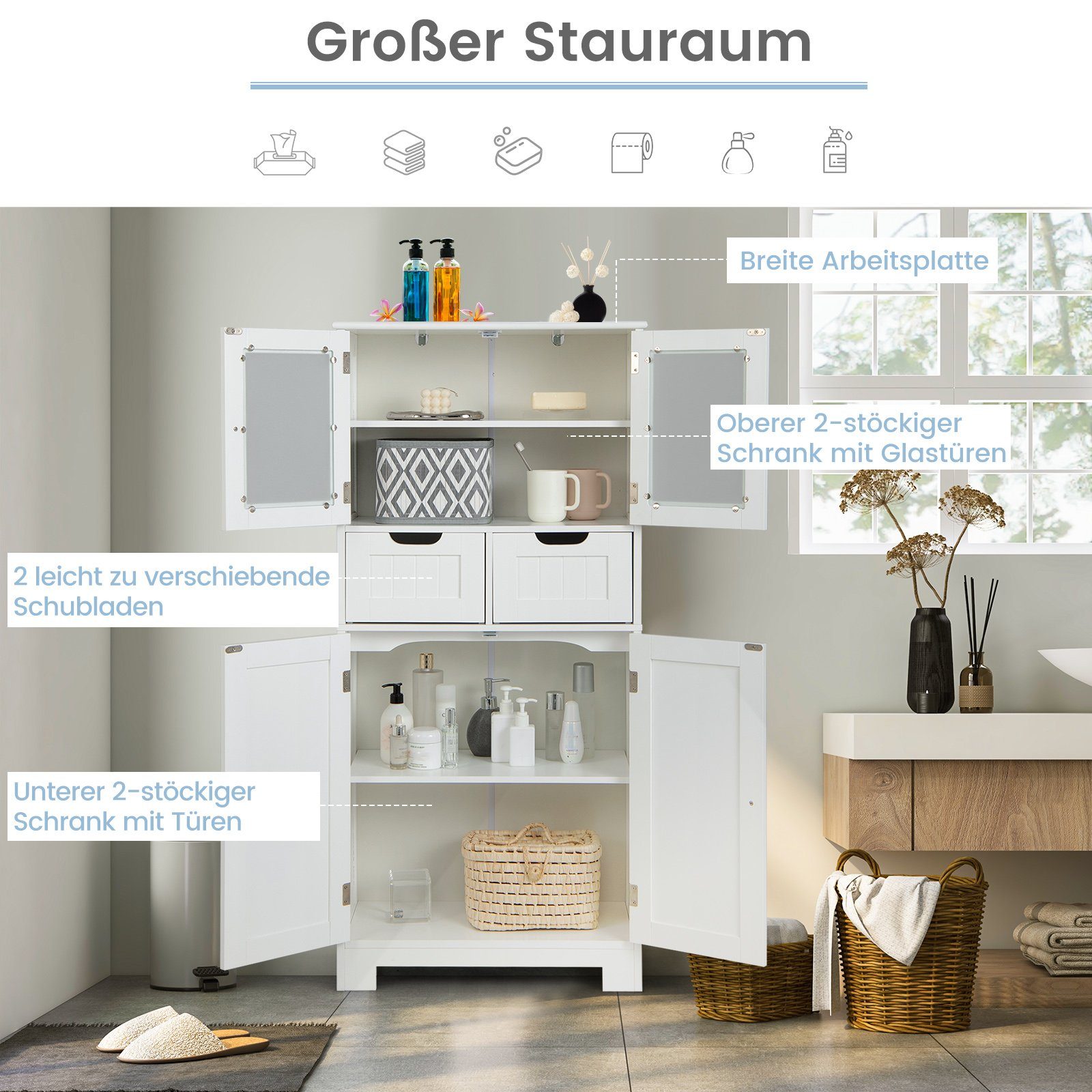 COSTWAY Badkommode, Badschrank mit Schublade, verstellbarem Regal, weiß 128cm