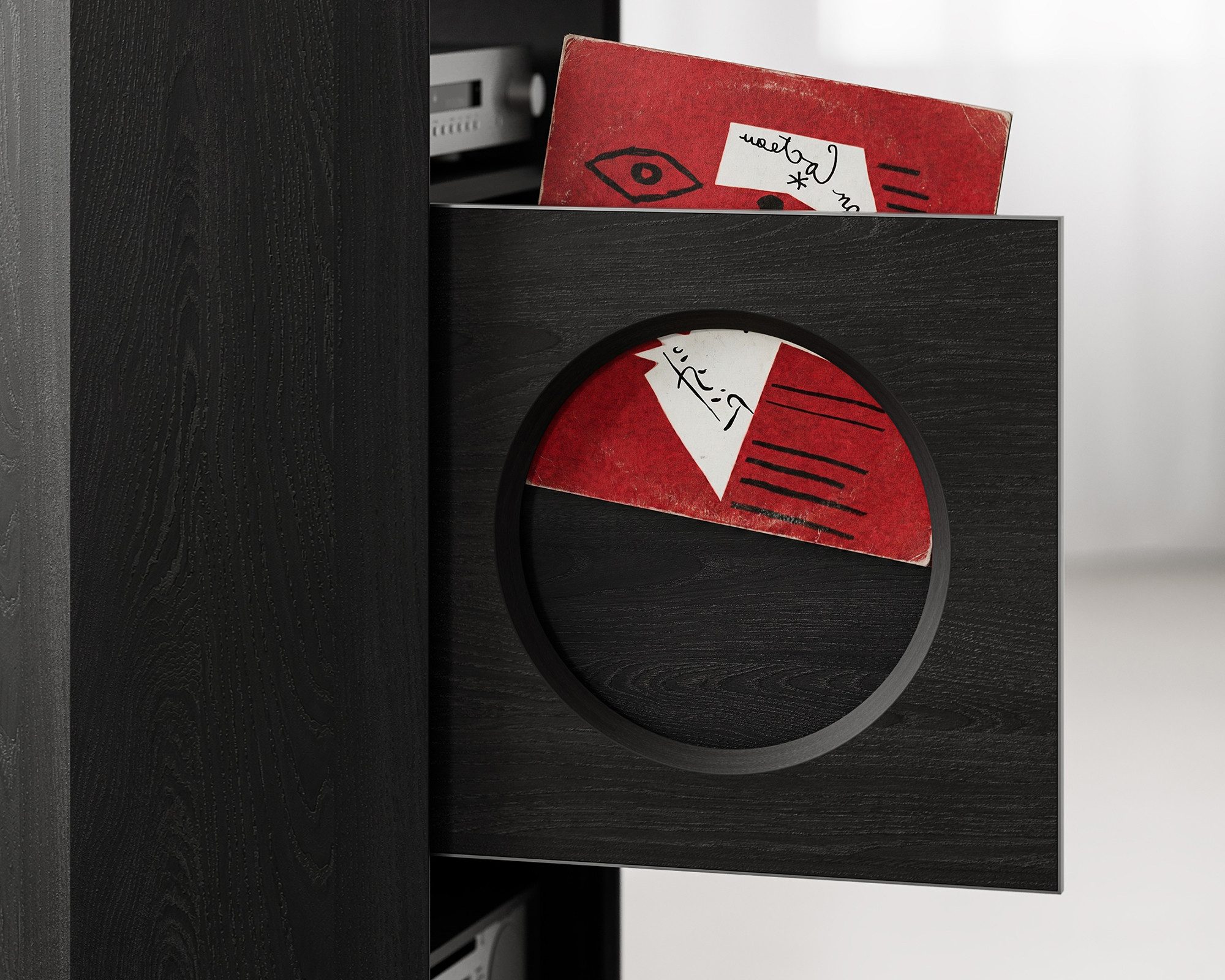 FITUEYES TV-Regal HIFI Rack für bis zu 120 LPs, aus Holz und Metall, mit Schallplattenhalterung, Sichtfenster, rutschfesten Füßen