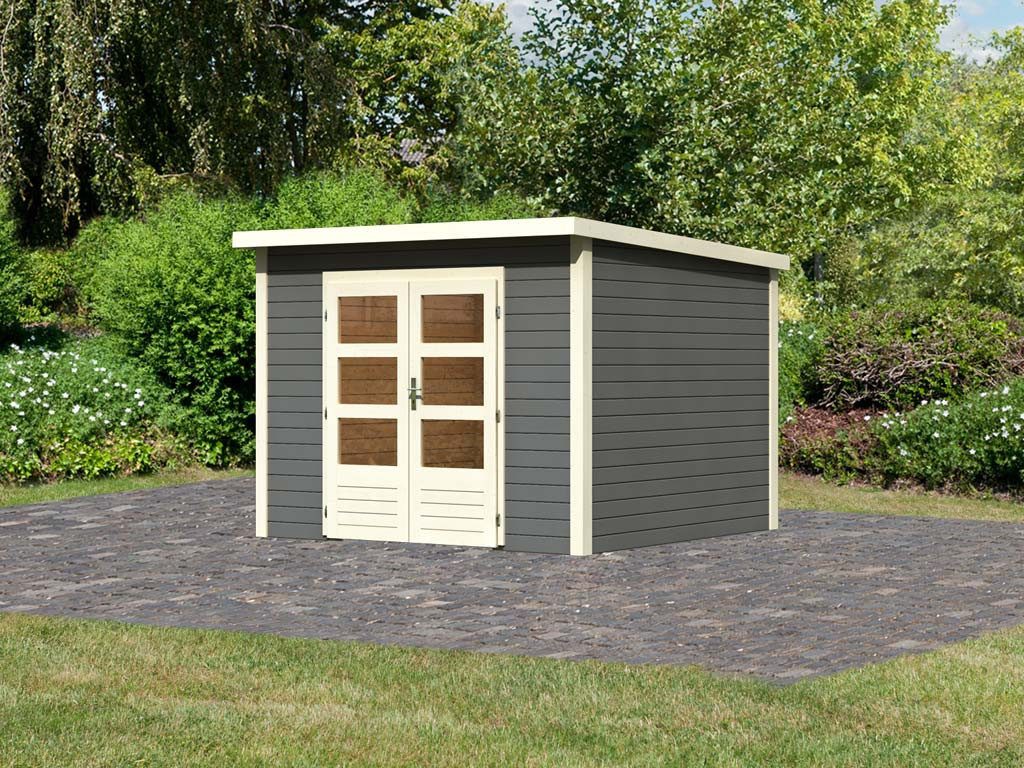 Karibu Gartenhaus Gartenhaus Wacken 6 28 mm terragrau, BxT: 285x275 cm, 28 mm Wandstärke, Doppeltür mit Kunstglas-Einsätzen