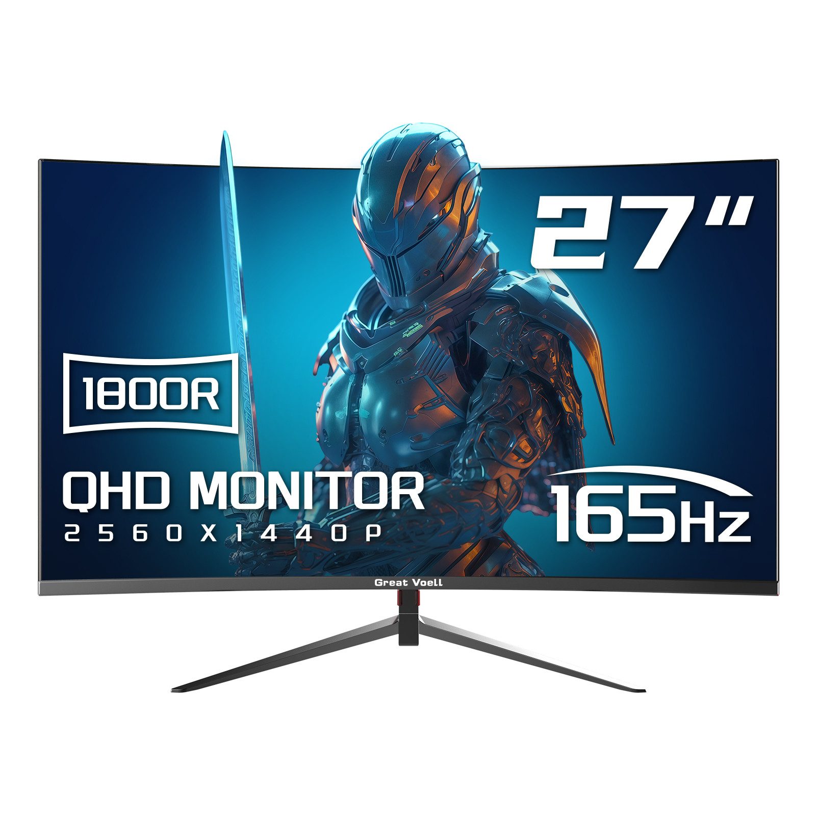 Great Voell 27 Zoll QHD 2K(2560x1440px) PC Monitor, 165Hz, Rahmenlos Curved Gaming-Monitor (69 cm/27 ", 2560 x 1440 px, QHD, 1 ms Reaktionszeit, 165 Hz, VA LED, HDR, FreeSync, VESA, HDMI & DP, 1440px, 165Hz, 2K)