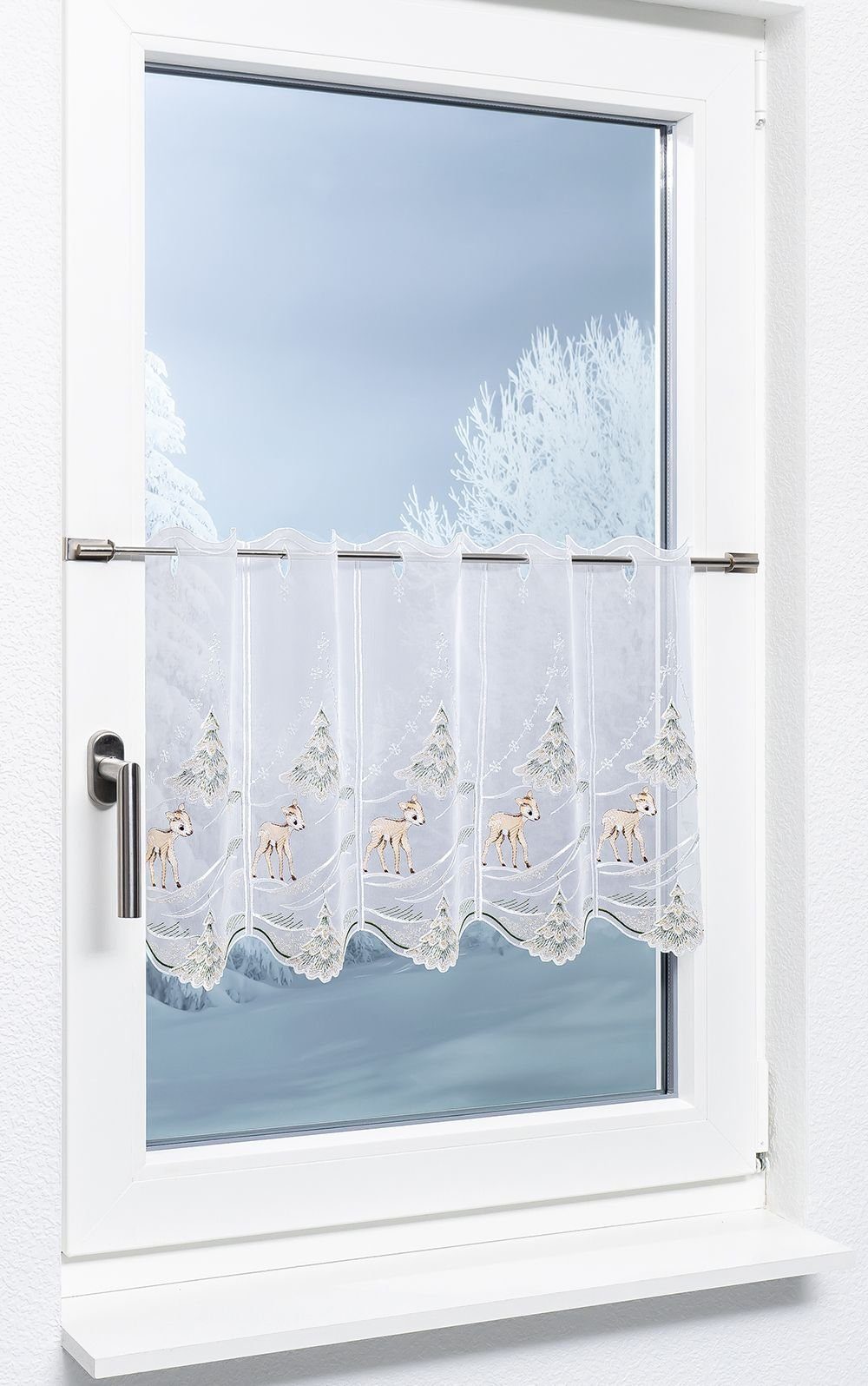 Plauener Spitze® Scheibengardine Rehkitz im Wald, günstig online kaufen