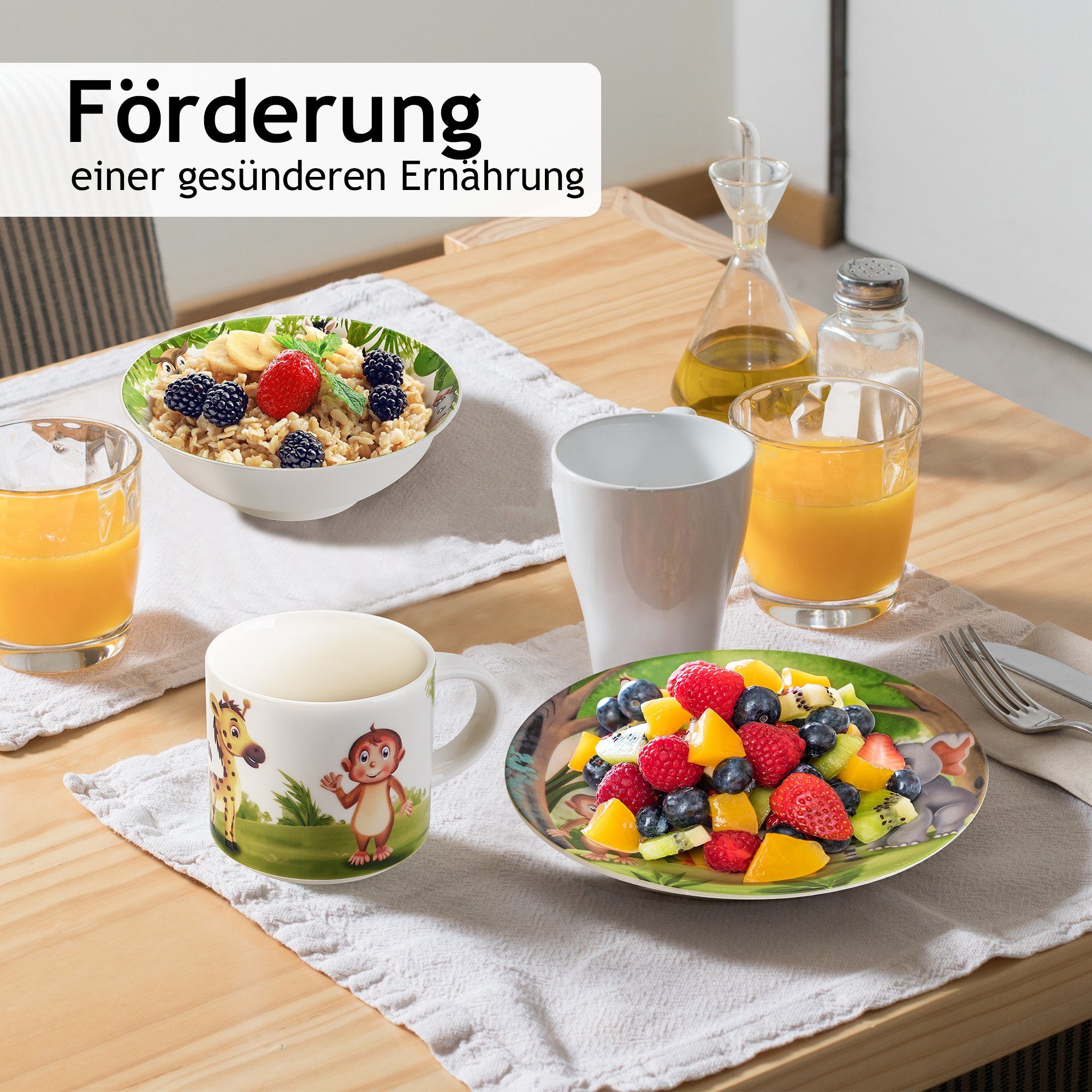 MiaMio Kindergeschirr-Set Jungle Motiv Grün (3-tlg), 1 Personen, Keramik, Teller, Schüssel und Tasse mit Kindermotiv – Bild 4 von 5