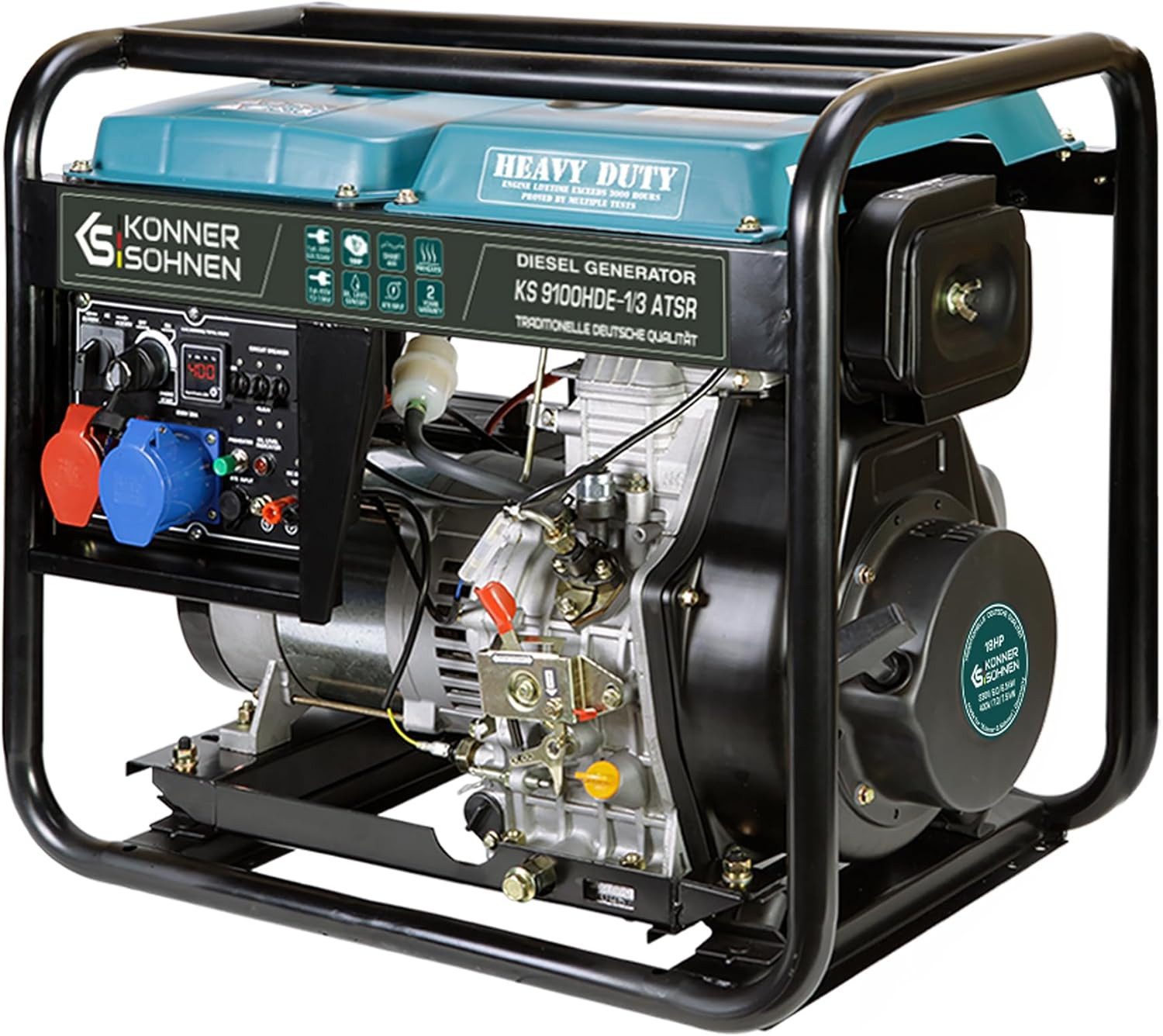 Könner & Söhnen Stromerzeuger KS 9100HDE-1/3 ATSR, 7,50 in kW, (18PS 4-Takt Dieselmotor, Kupfer, E-Start, Vorwärmer, AVR, 1-tlg., Anzeige (Volt, Hz), 7500/6000 Watt, 1x16A (400V)/ 1x32A (230V), für privaten und gewerblichen Gebrauch