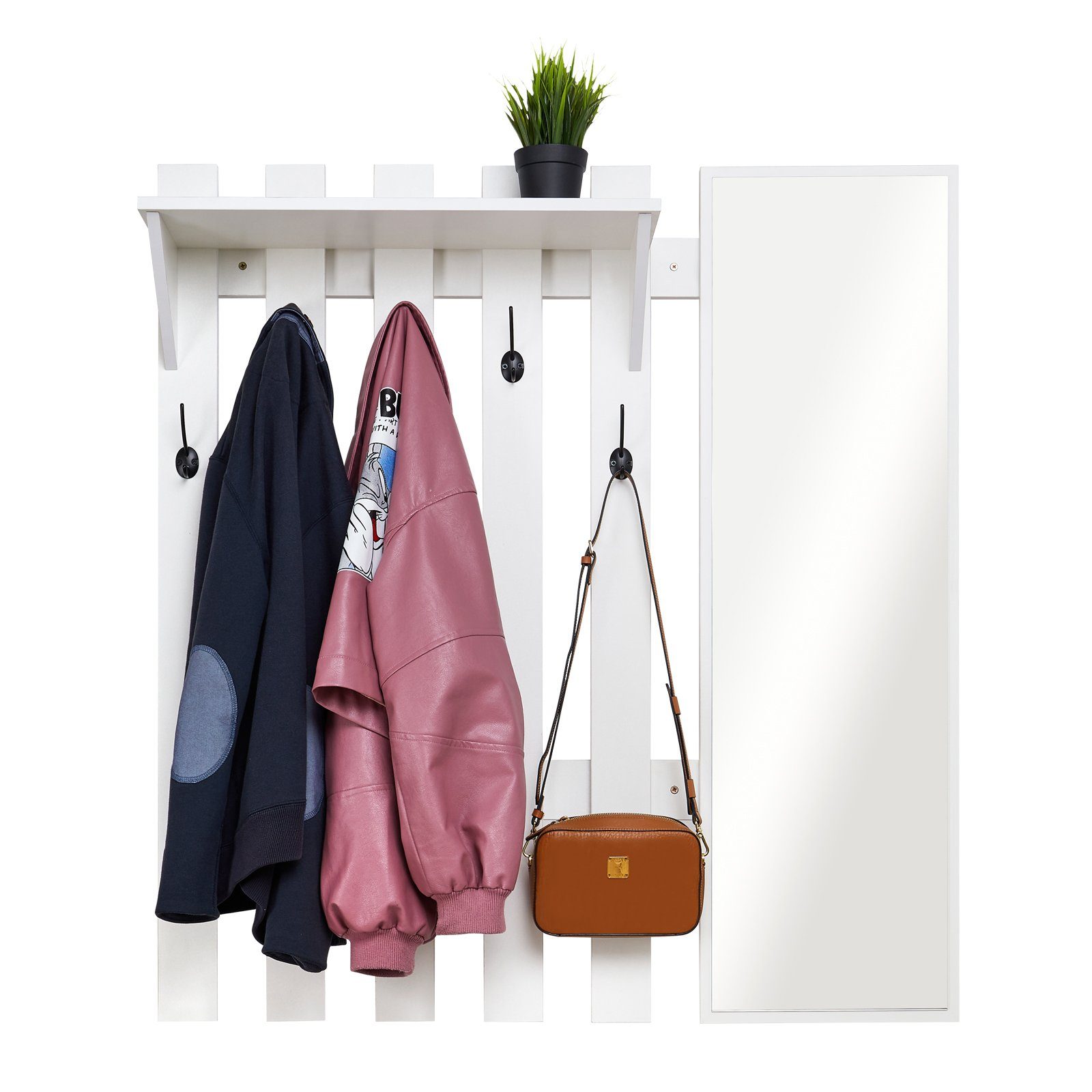 Mondeer Garderoben-Set (2-St), Garderobe mit Schuhbank, Garderobenpaneel mit Spiegel und 5 Haken