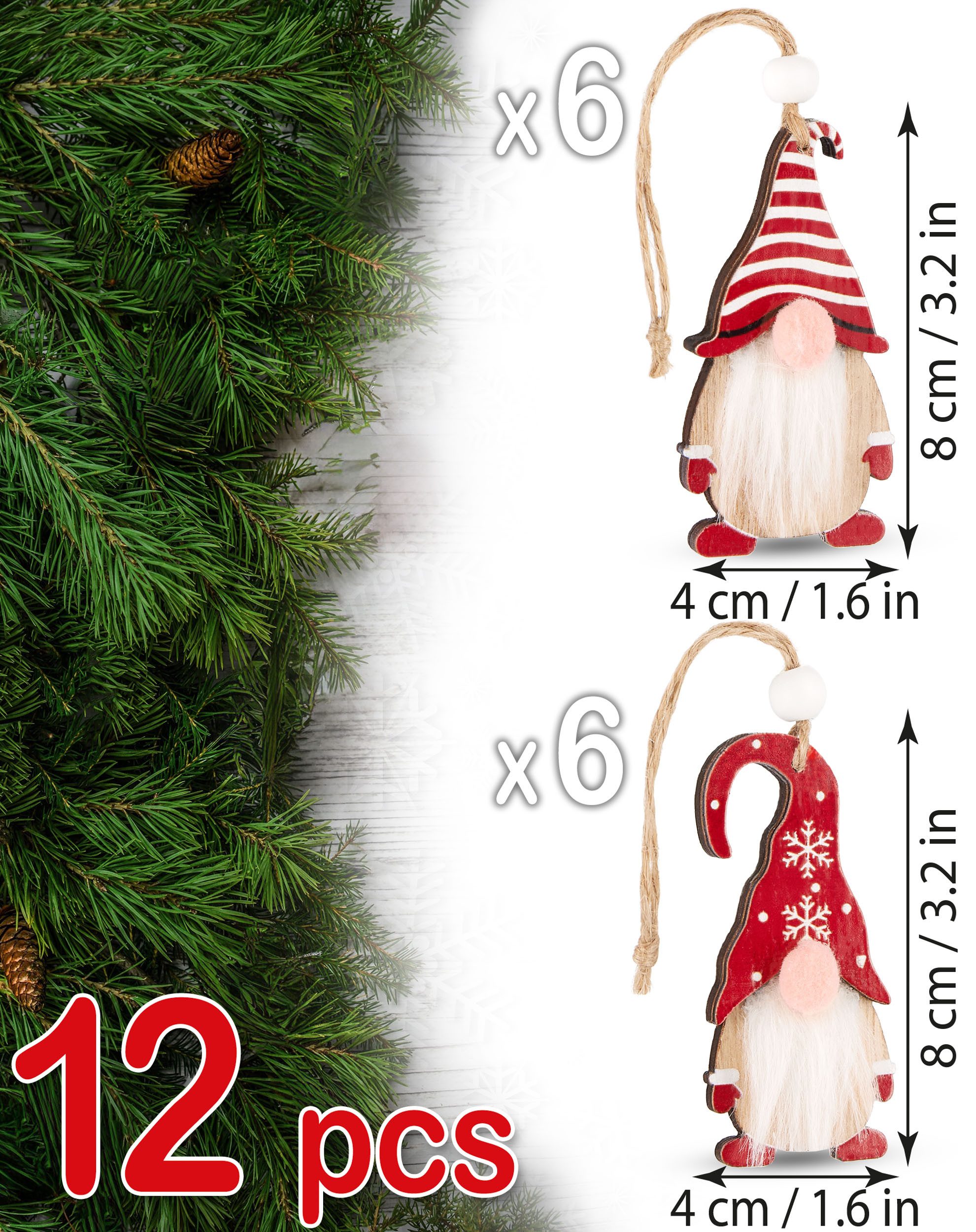 BRUBAKER Christbaumschmuck 12x Weihnachtsanhänger Wichtel - 8 cm Baumschmuck aus Holz - Gnom (12-tlg), Zwerge mit Bart und großer Nase - Holzanhänger Weihnachtsbaumschmuck