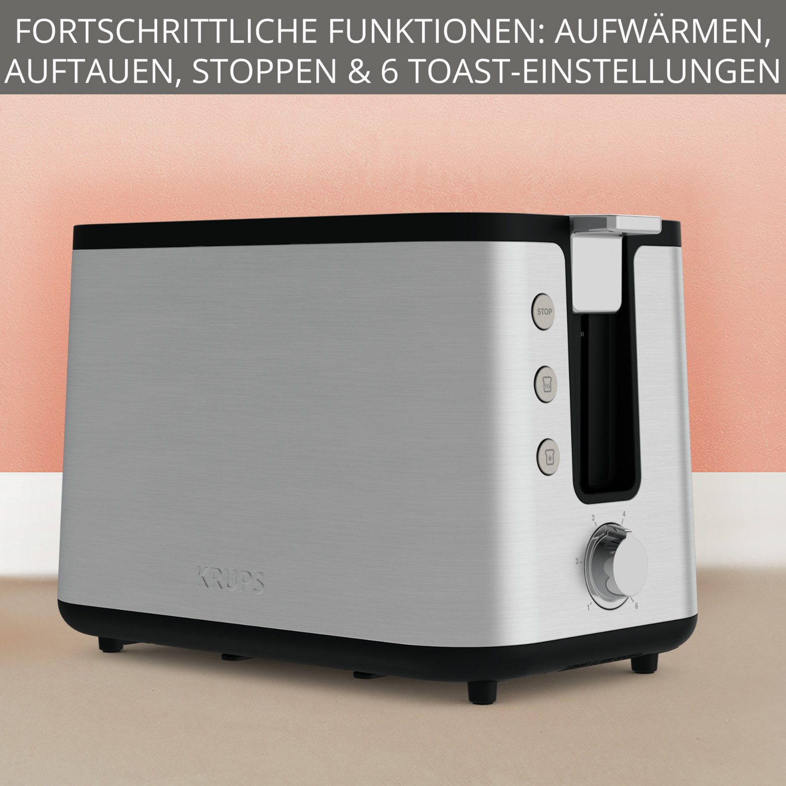Krups Toaster KH442D Control Line, 6 Bräunungsstufen, herausnehmbare Krümelschublade, 2 kurze Schlitze, für 2 Scheiben, 850 W, integrierter Gebäck- und Brötchenwärmer, Anhebefunktion