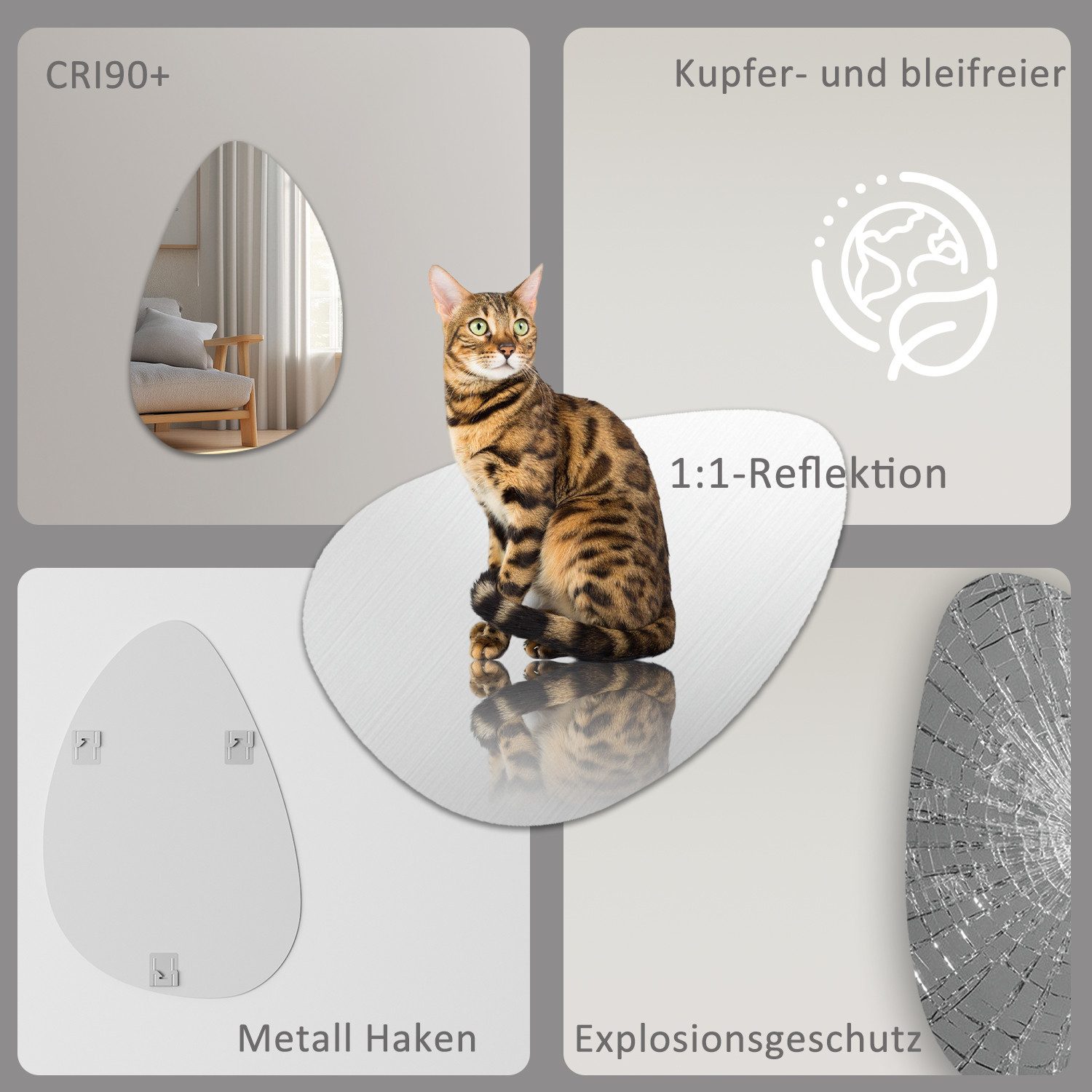 WDWRITTI Schminkspiegel Wand Kosmetikspiegel Wandspiegel Asymmetrisch Rahmenlos Wassertropfen (Dekospiegel Flurspiegel Modern Rahmenlos, 65x90, 55x80, 45x70cm), HD Spiegel mit Splitterschutzfolie