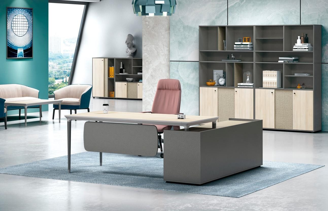 Büromöbel-Set Grau Holz Arbeitszimmermöbel mit Arbeitstisch und Büroschrank