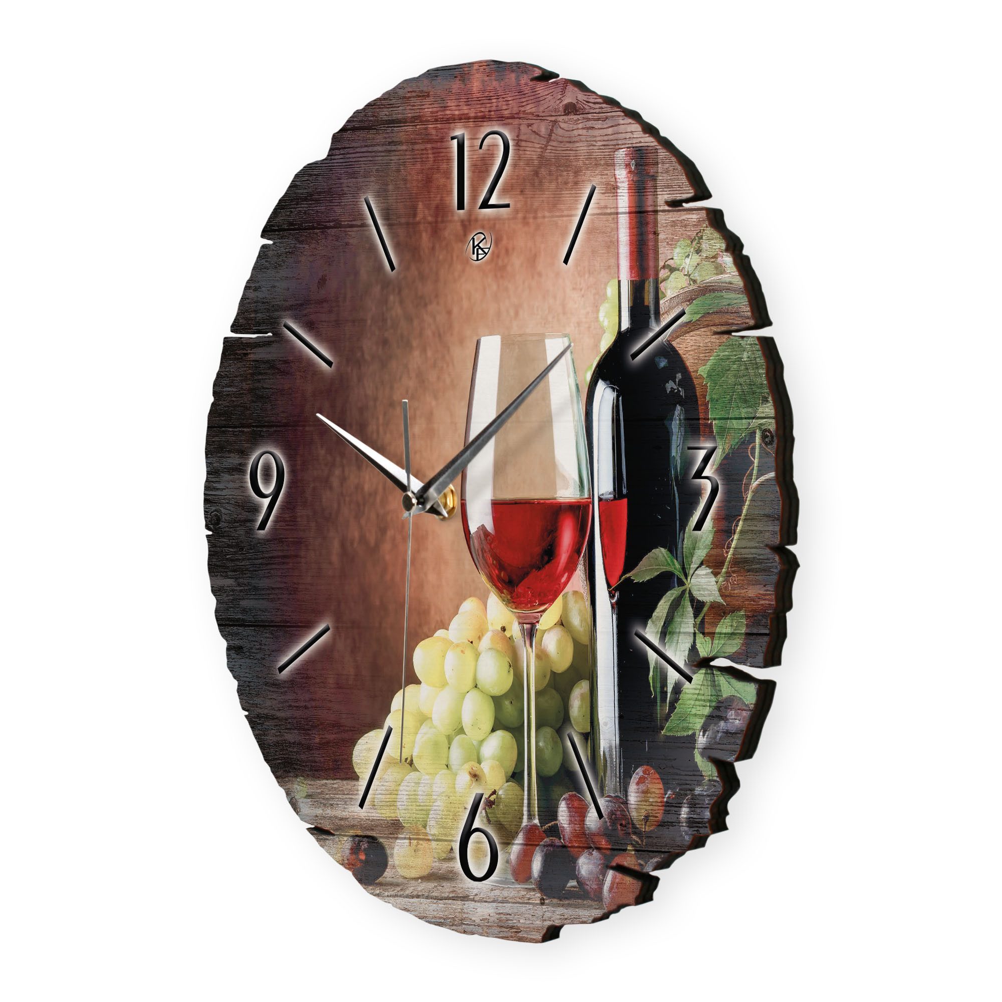 Kreative Feder Wanduhr Wanduhr "Wein & Trauben" aus Naturholz (ohne Ticken; Funk- oder Quarzuhrwerk; ⌀ 30cm; außergewöhnlich)