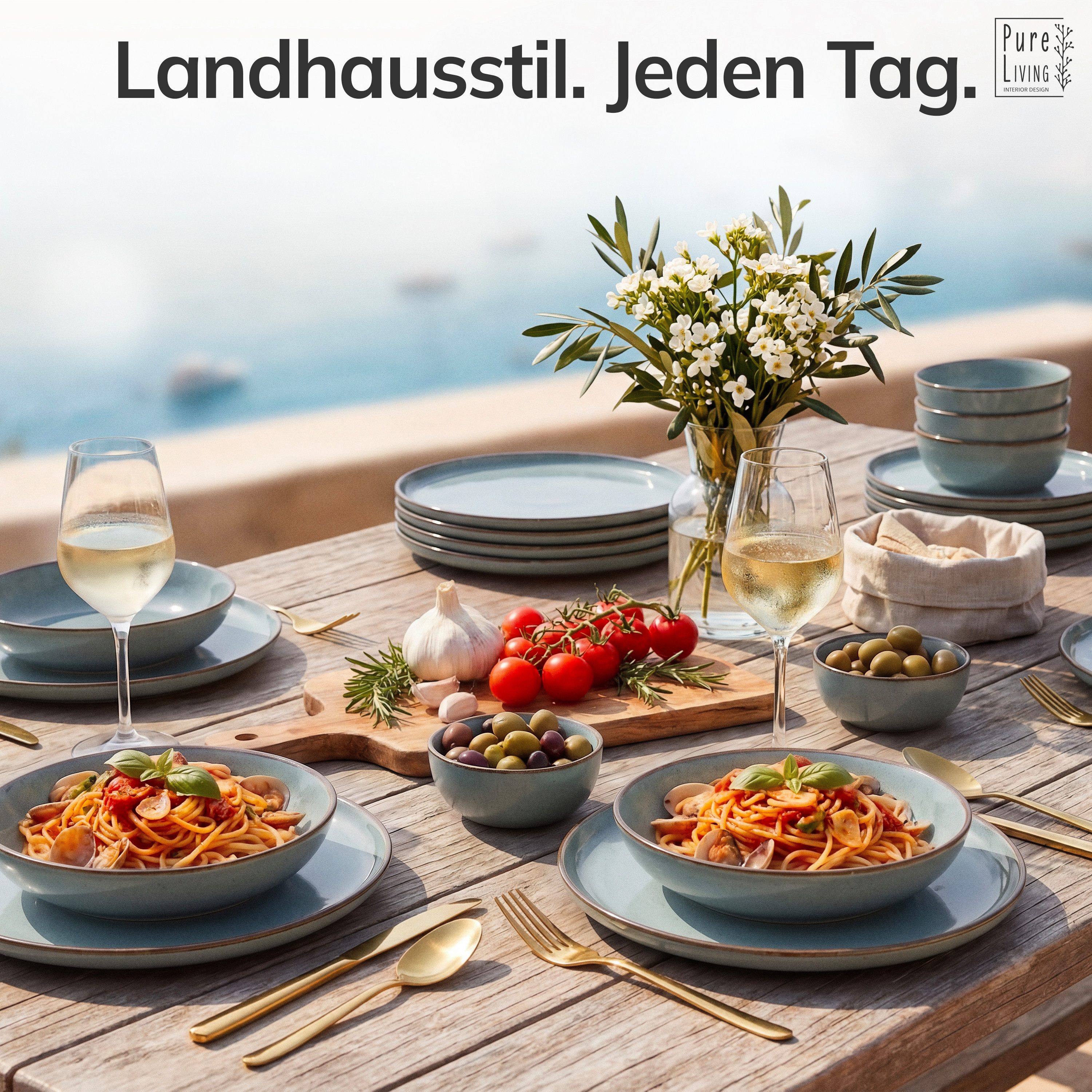 PURE LIVING INTERIOR DESIGN Geschirr-Set Pure Living »Rustic« (18-tlg), 6 Personen, Steingut, Rauchblau, 6 Personen, Steingut, Authentischer Landhausstil, Reaktive Glasur – jedes Stück ein Unikat,…