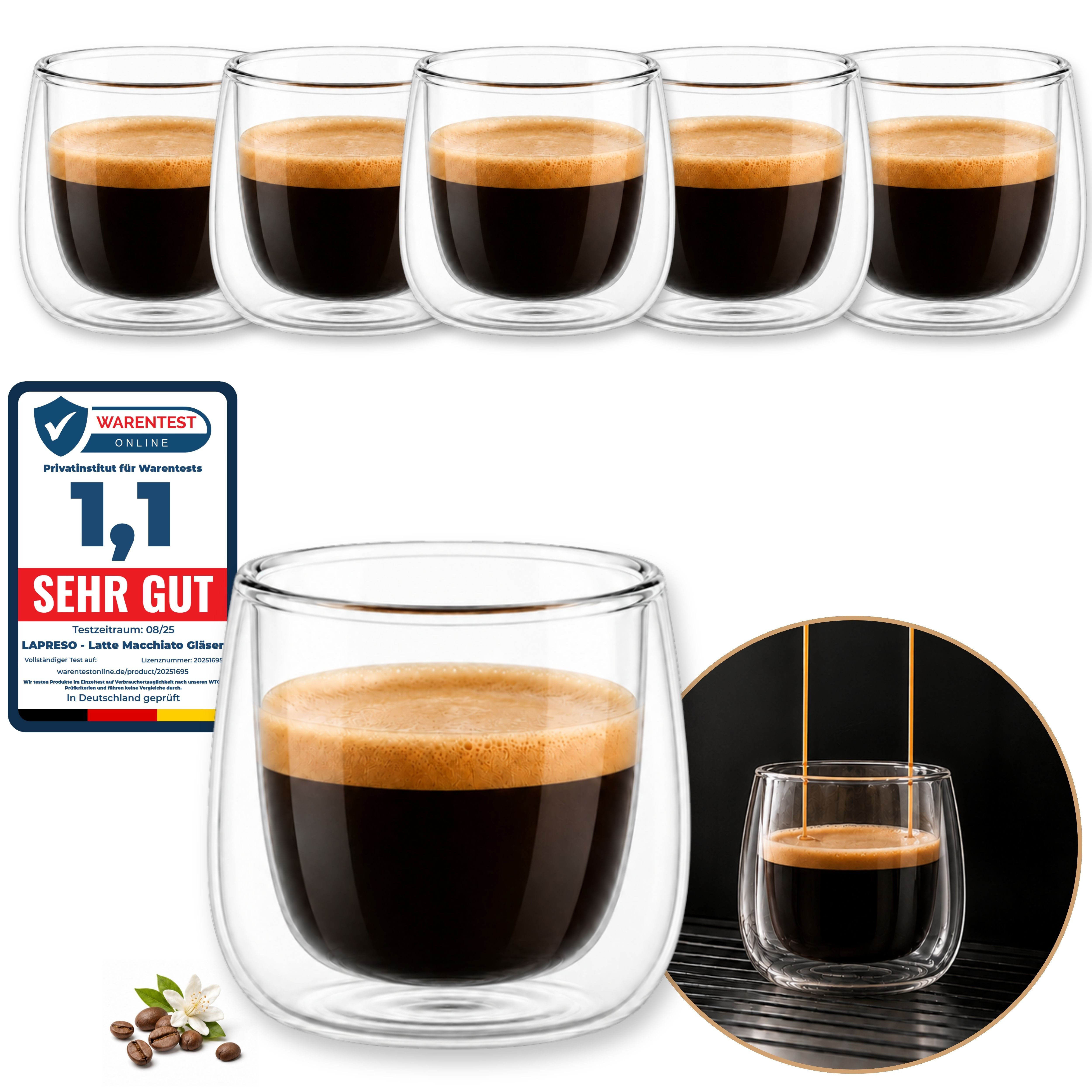 LAPRESO Espressoglas Doppelwandig Thermogläser Kaffeegläser Set 80 ml, 6-tlg., Borosilikatglas, 6er Set