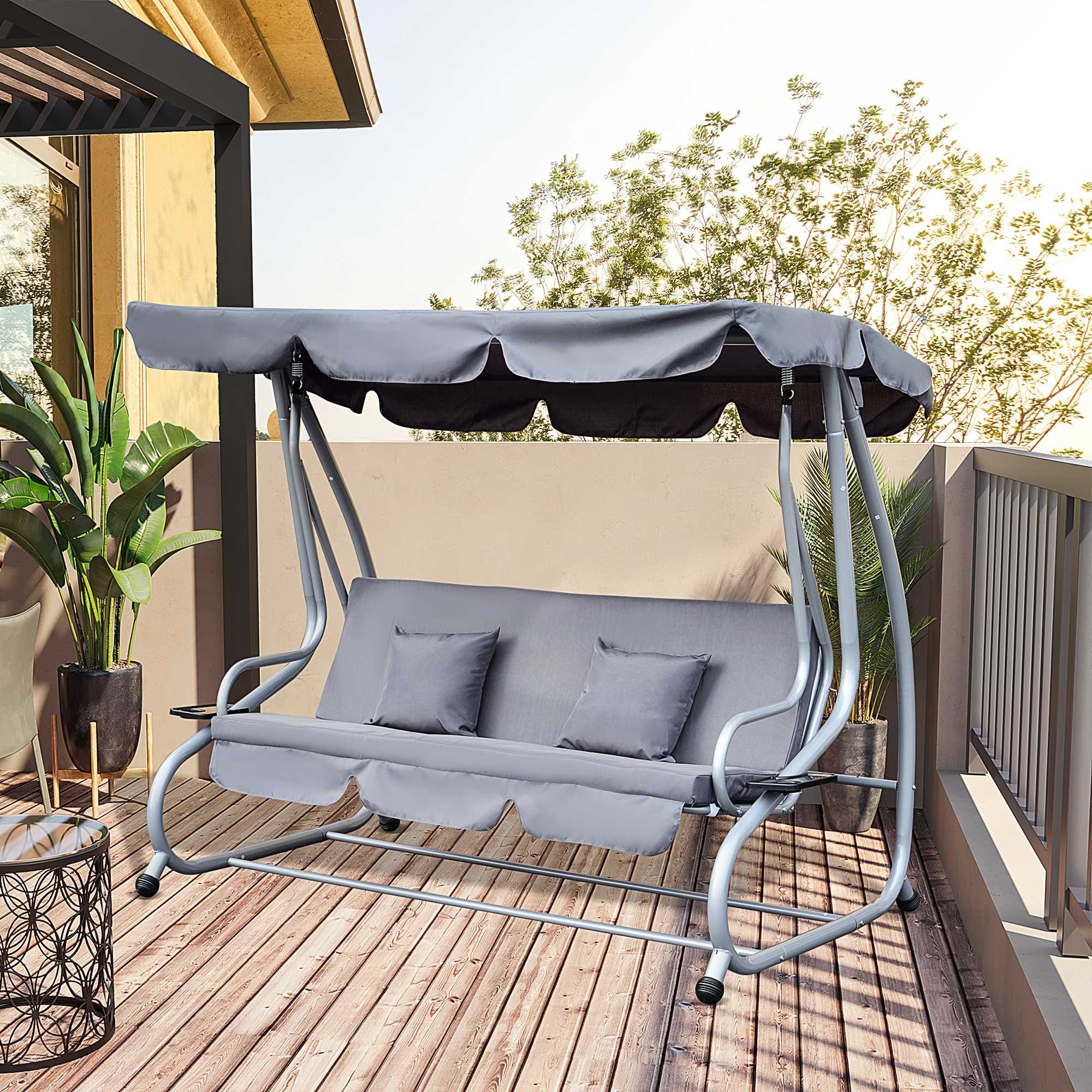 Outsunny Hollywoodschaukel mit Verstellbares Dach, 3-Sitzer, Bettfunktion, Gartenschaukel, 1 tlg., Schaukelstuhl, für Garten, Balkon, Grau