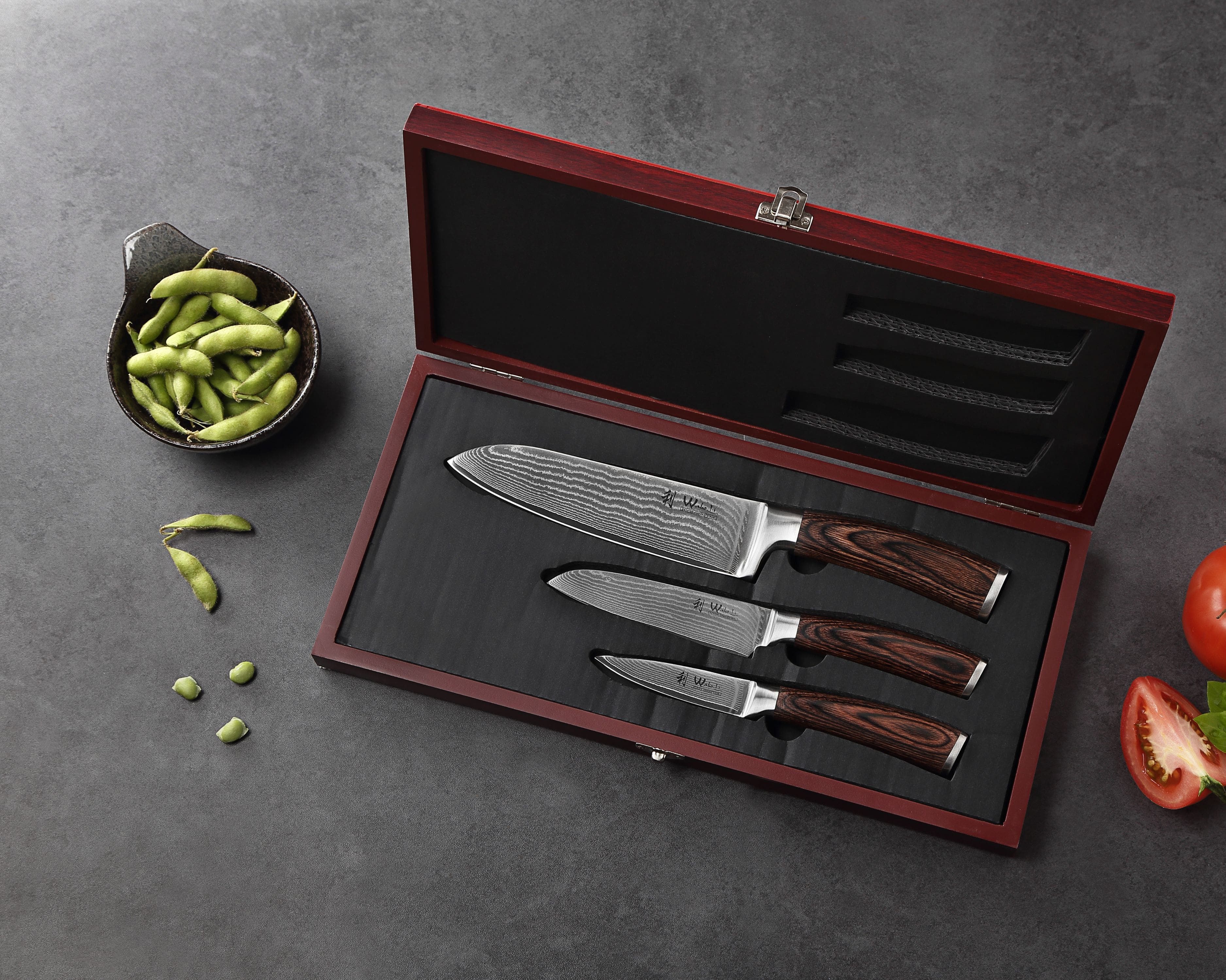 Wakoli Messer-Set Edib 3er Damastmesser-Set I Kochmesser Küchenmesser I 8 -17cm Klingen (Küchenmesser Set in Holzbox, 3-tlg., 1x Santoku; 1x Santoku klein; 1x Spickmesser), VG10 Kern, langanhaltende Schärfe