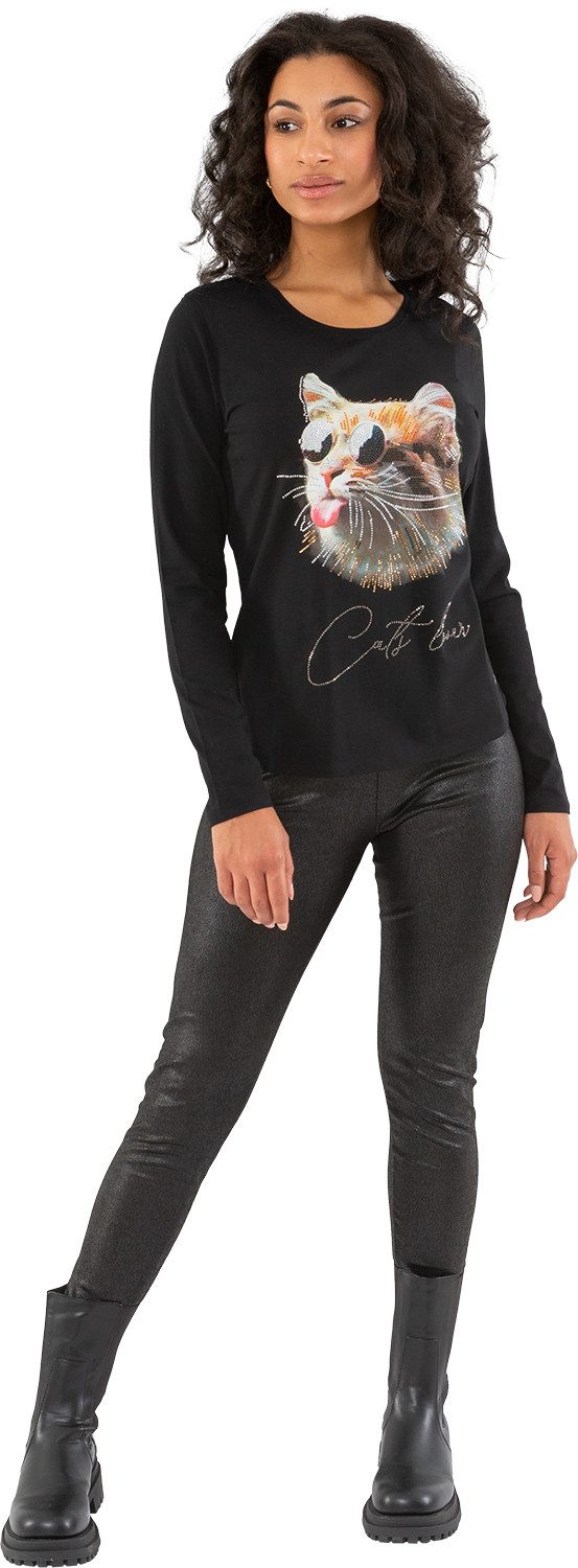 Gio Milano Langarmshirt G29-1118, "cat lover" mit Strasssteinen mit Rundhal günstig online kaufen